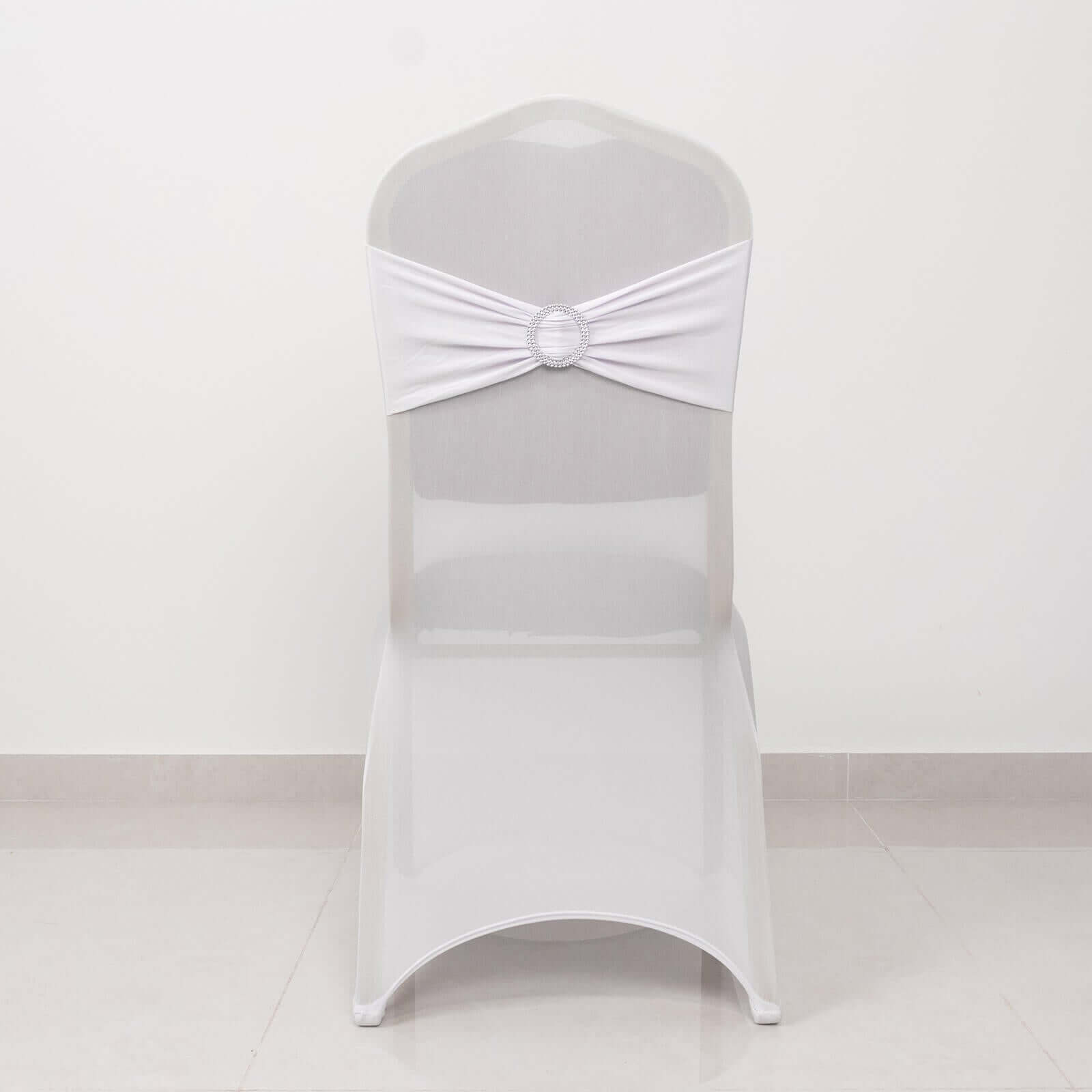 Spandex Chair Cover with Silver Rhinestone Buckled Sash Band White - Stylish Stretch Fitted Slipcover for Banquets & Events