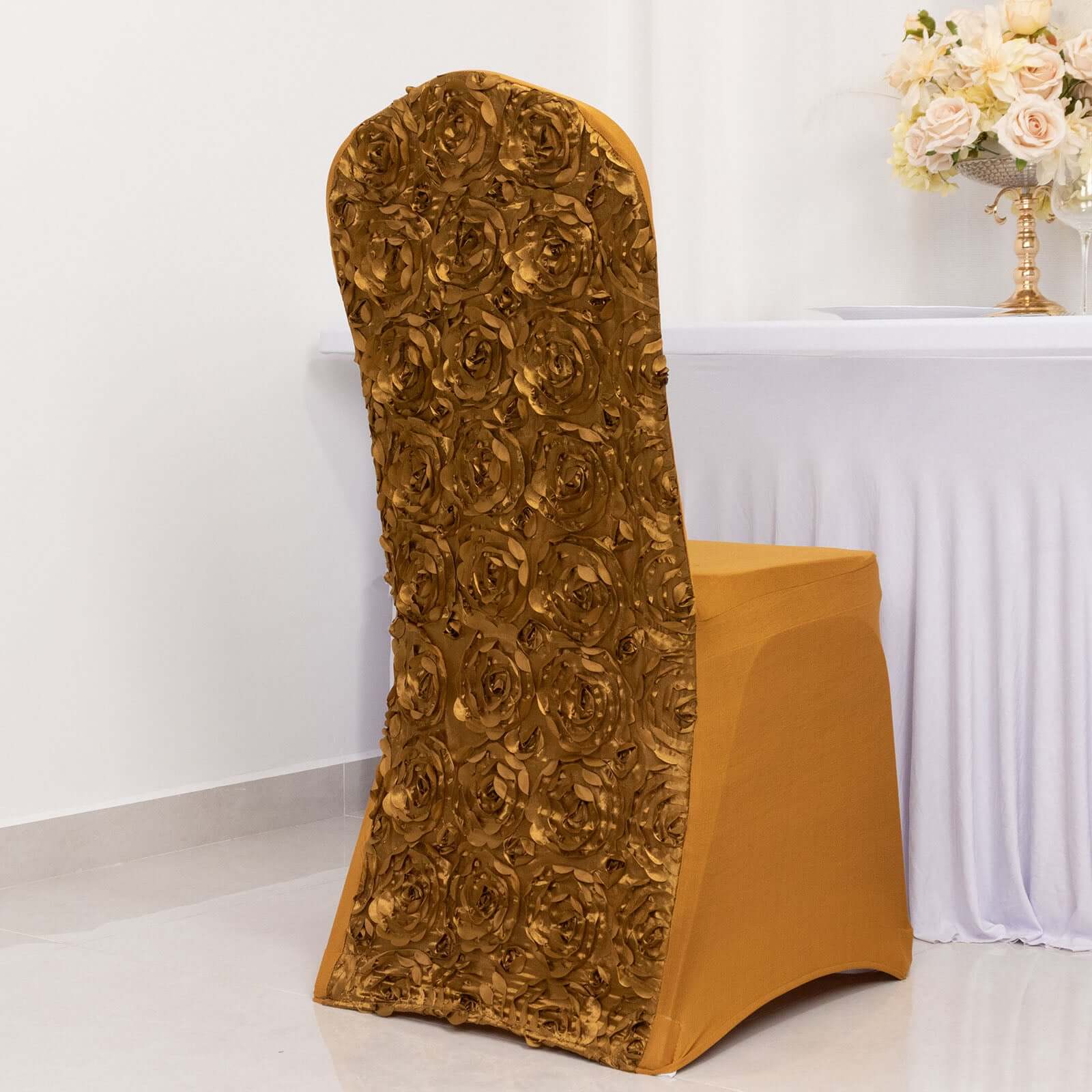 Satin Rosette Chair Cover for Banquet Chairs Gold - Stylish Stretch Fitted Slip-On Design for Sophisticated Gatherings