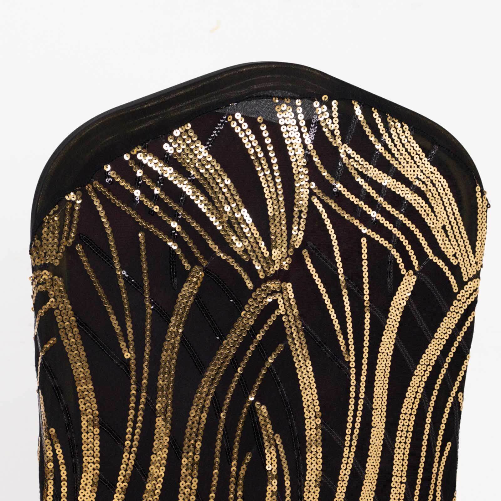 Spandex Chair Cover with Wave Embroidered Sequins for Banquet Chairs Black/Gold - Glittering Stretch Fitted Slipcover
