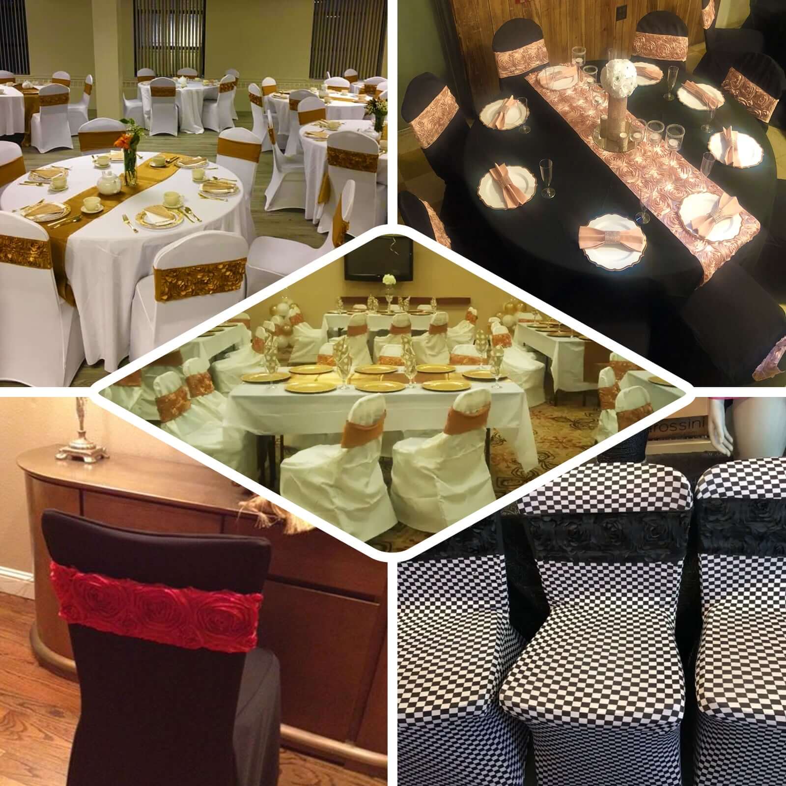 5 Pack Satin Spandex Chair Sashes White - Exquisite Rosette Design Stretch Chair Bands 6"x14"