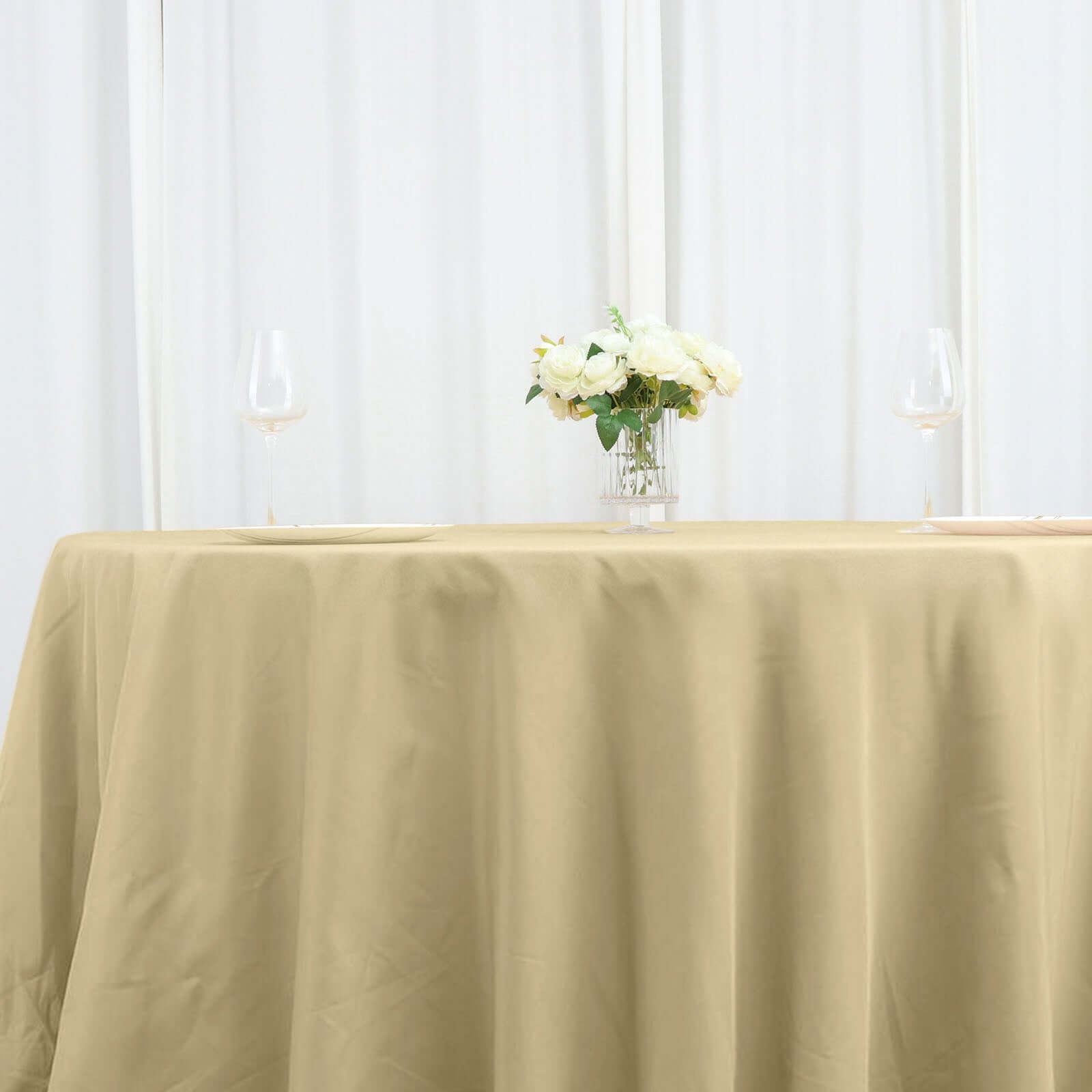 Polyester 132" Round Tablecloth Champagne - Seamless Chic Table Cover