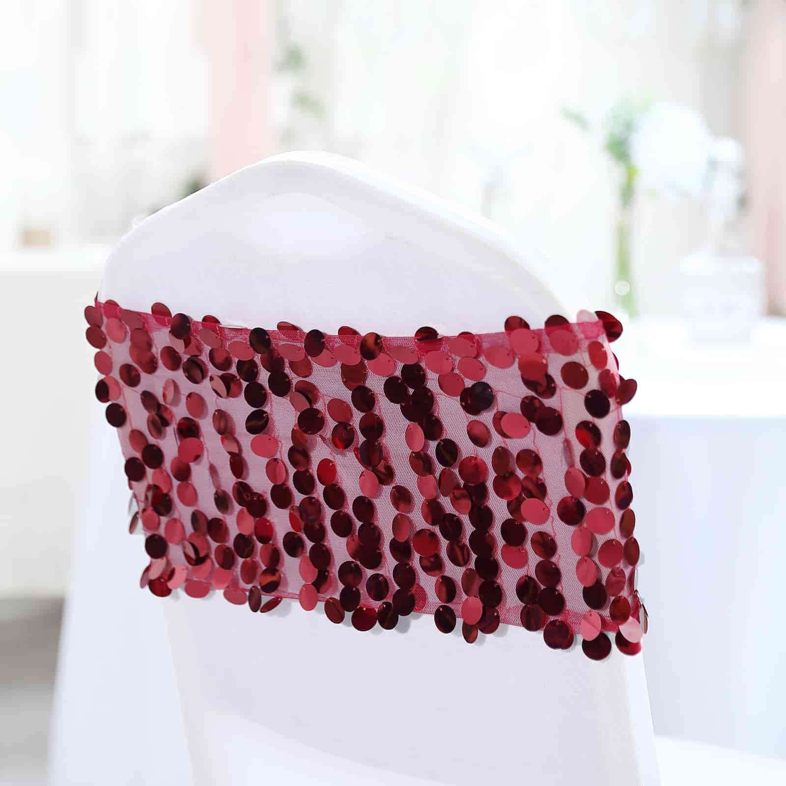 5 Pack Big Payette Sequin 13"x10" Chair Sash Bands Burgundy - Stylish Glittering Decor for Weddings & Gatherings