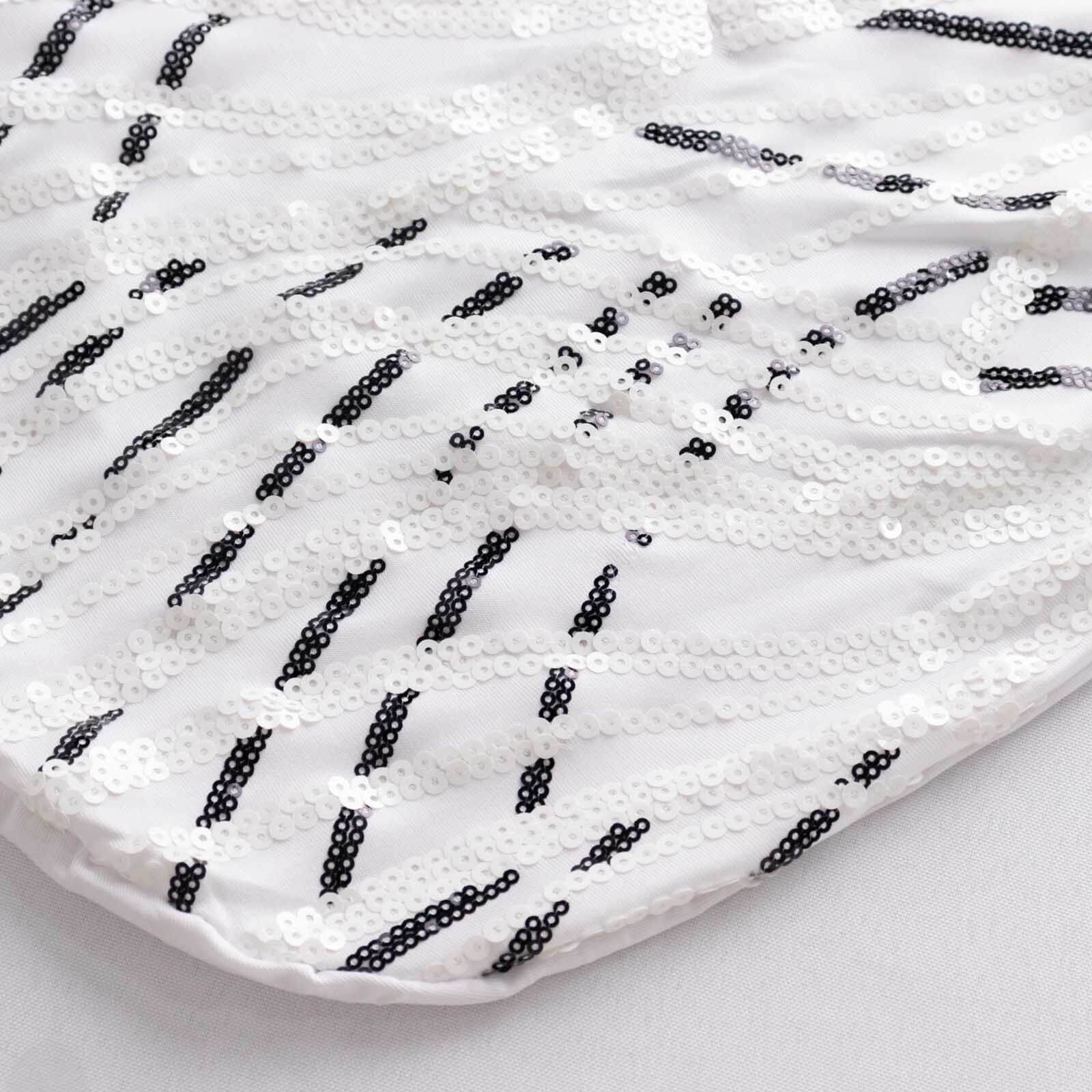 Spandex Chair Cover with Wave Embroidered Sequins for Banquet Chairs White/Black - Luxe Glittering Stretch Fitted Slipcover