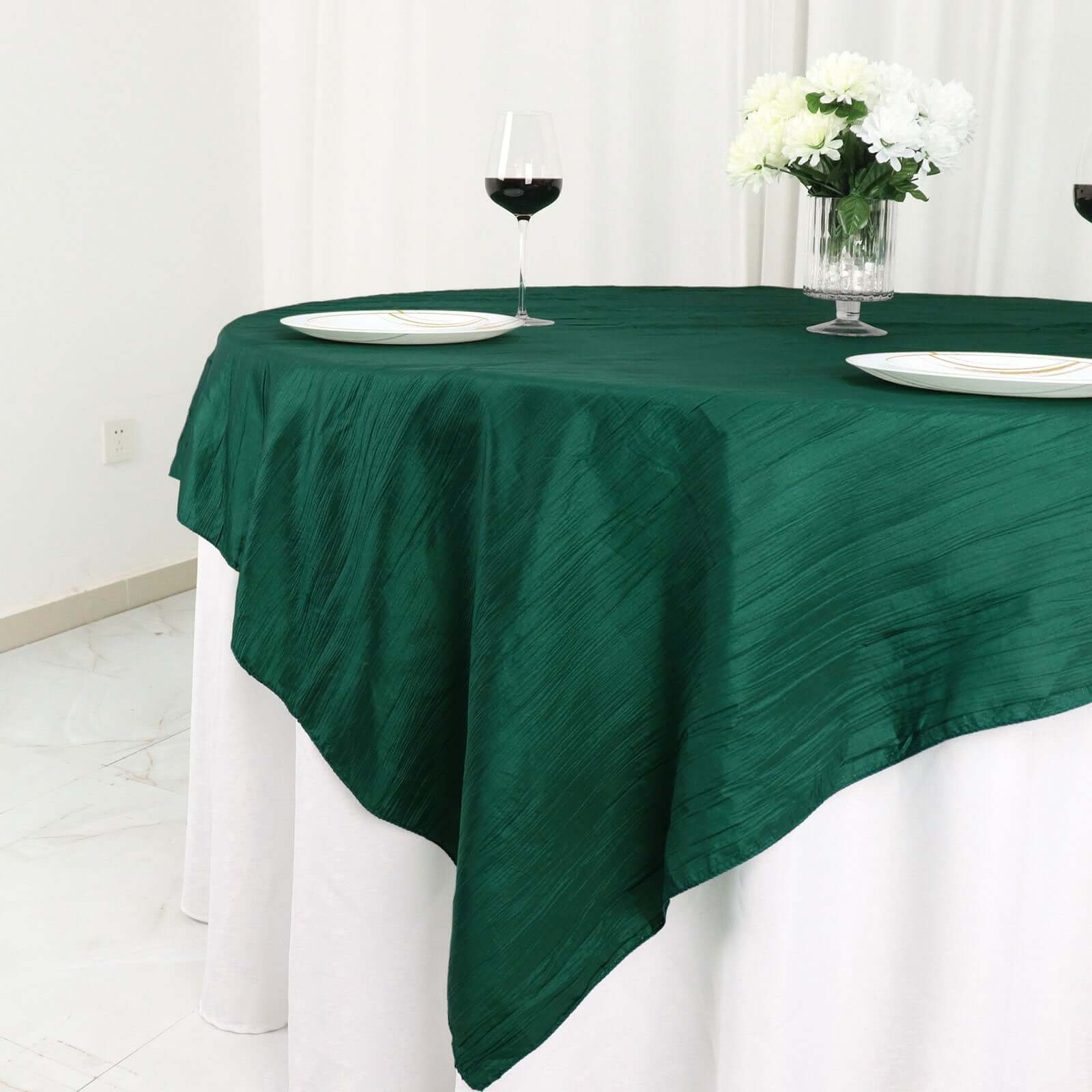 Taffeta 72"x72" Table Overlay Square Tablecloth Hunter Emerald Green - Accordion Crinkle Table Cover