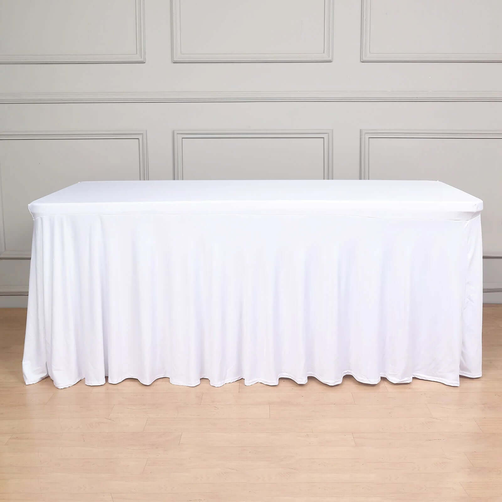 Spandex Rectangle 72"x30" Table Skirt White with Wavy Skirt-Like Effect Stylish Table Cover for Weddings, Banquets & Trade Shows