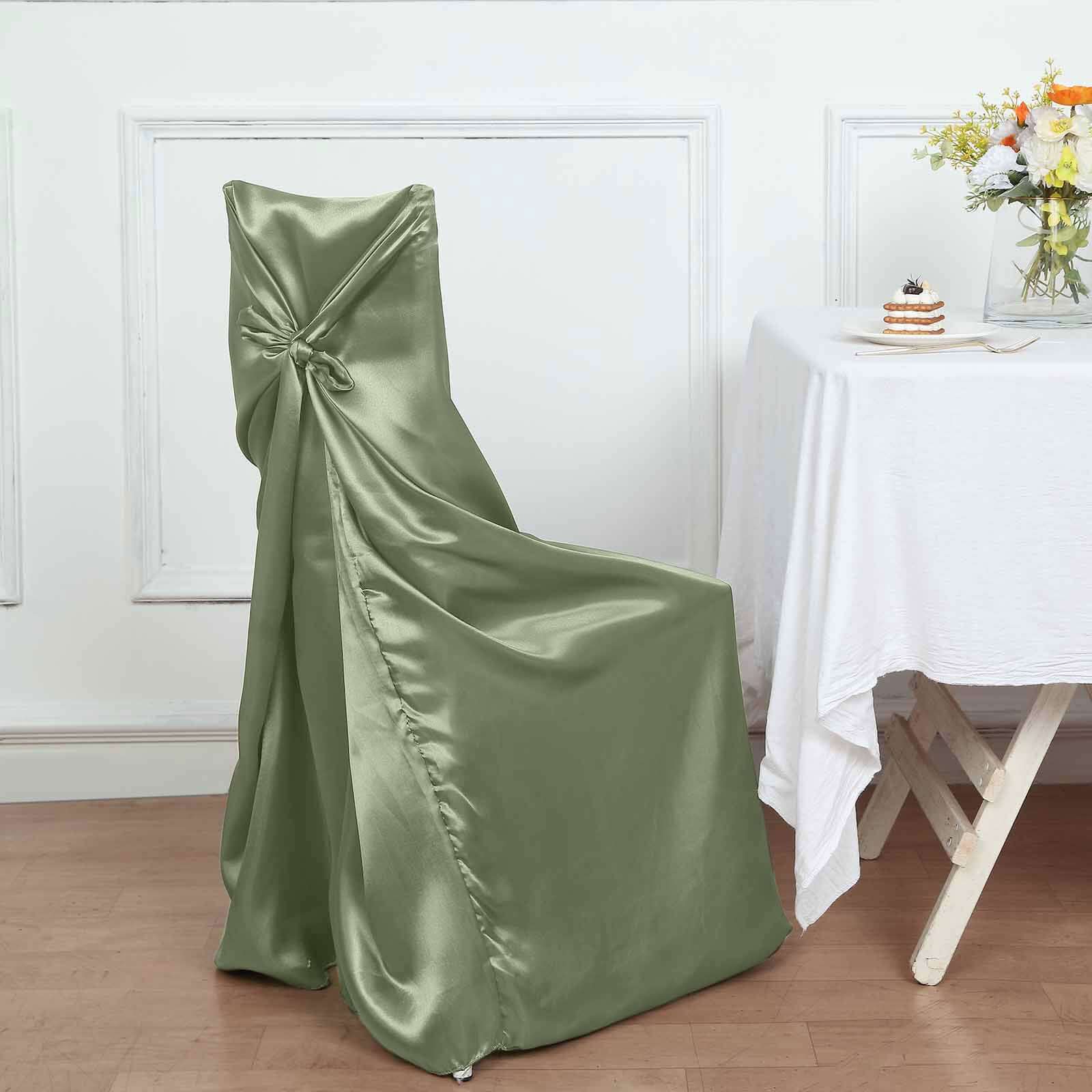 Satin Chair Cover Self-Tie Universal Design Dusty Sage Green - Durable Slip-On Cover for Folding, Dining, Banquet & Standard Chairs