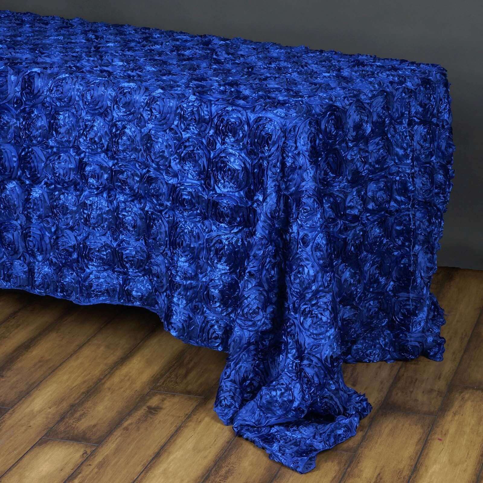 Satin 90"x156" Rectangle Tablecloth Royal Blue - Grandiose 3D Rosette Table Cover with Seamless Finish