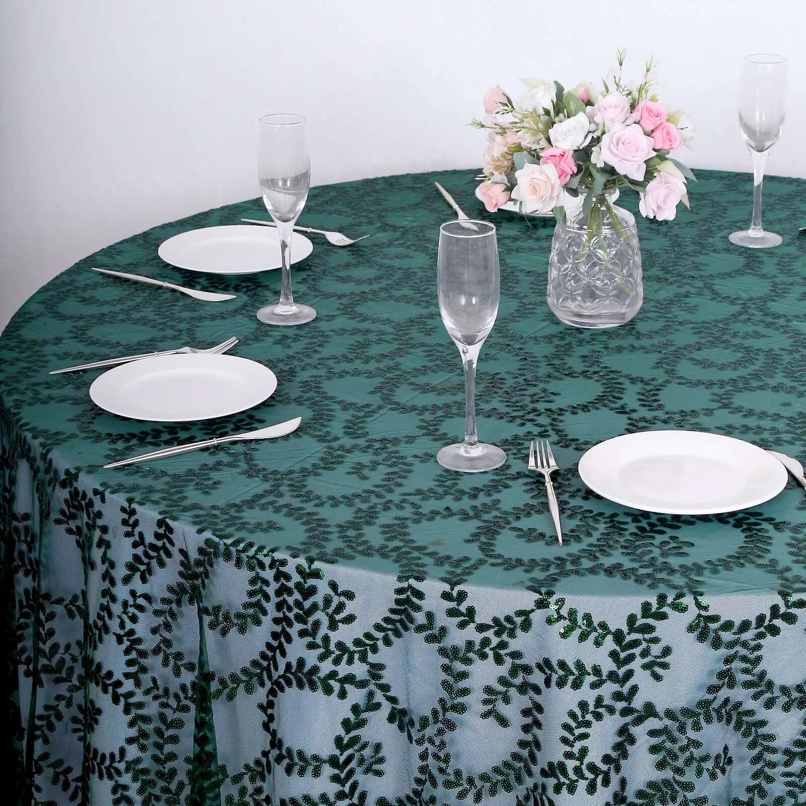 Tulle 120" Round Tablecloth Hunter Emerald Green - Seamless Sequin Leaf Embroidered Table Cover