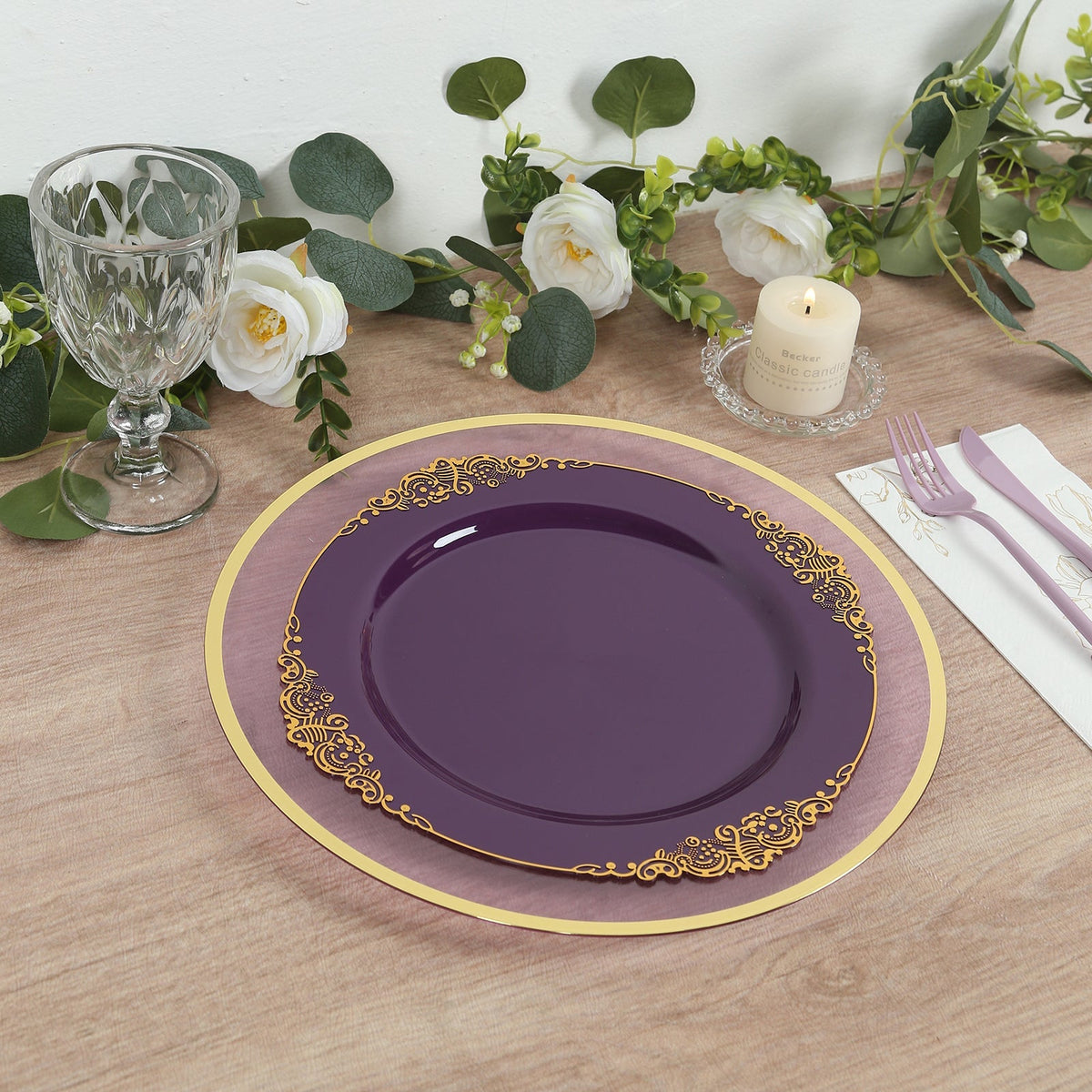10-Pack Plastic 10" Round Dinner Plates in Purple with Gold Leaf Embossed Rim - Disposable Vintage Baroque Style Plates