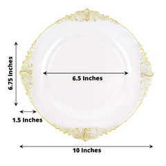 10-Pack Plastic 10" Round Dinner Plates in Clear with Gold Leaf Embossed Rim - Disposable Vintage Baroque Style Plates