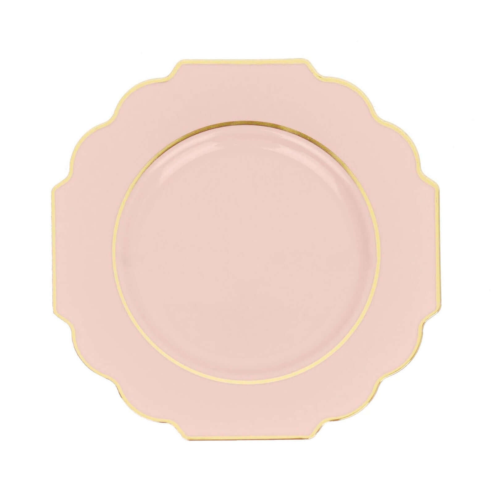 10-Pack Plastic Dinner Plates in Blush Baroque Design with Scalloped Gold Rim - Heavy Duty Disposable Party Plates 11"