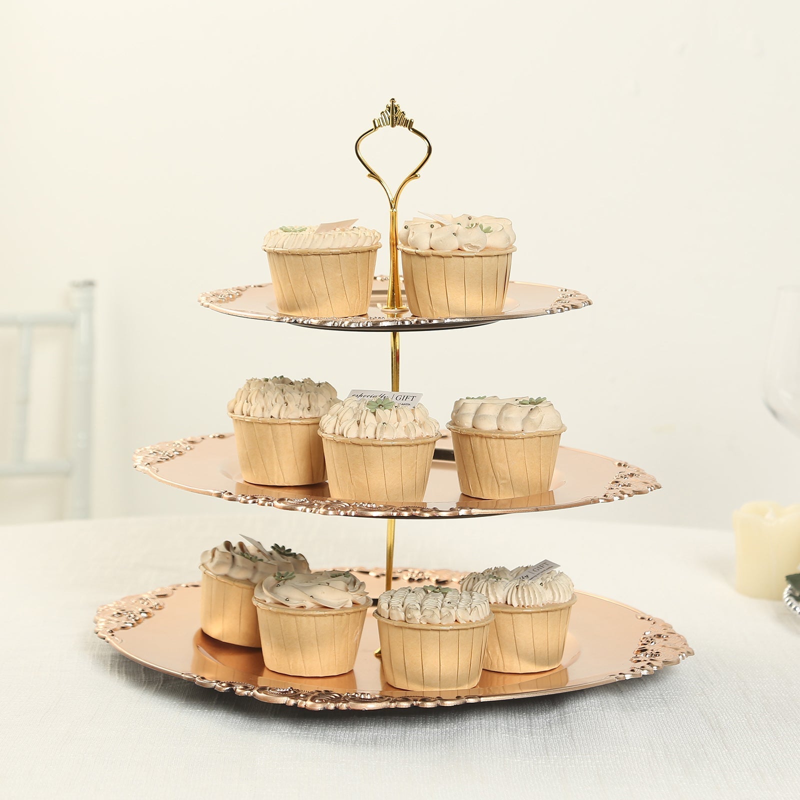 3-Tier Plastic Round Cupcake Stand Metallic Gold - Vintage-Inspired Reusable Dessert Display Holder Tea Party Serving Tray Platter with Baroque Rim & Top Handle 13"