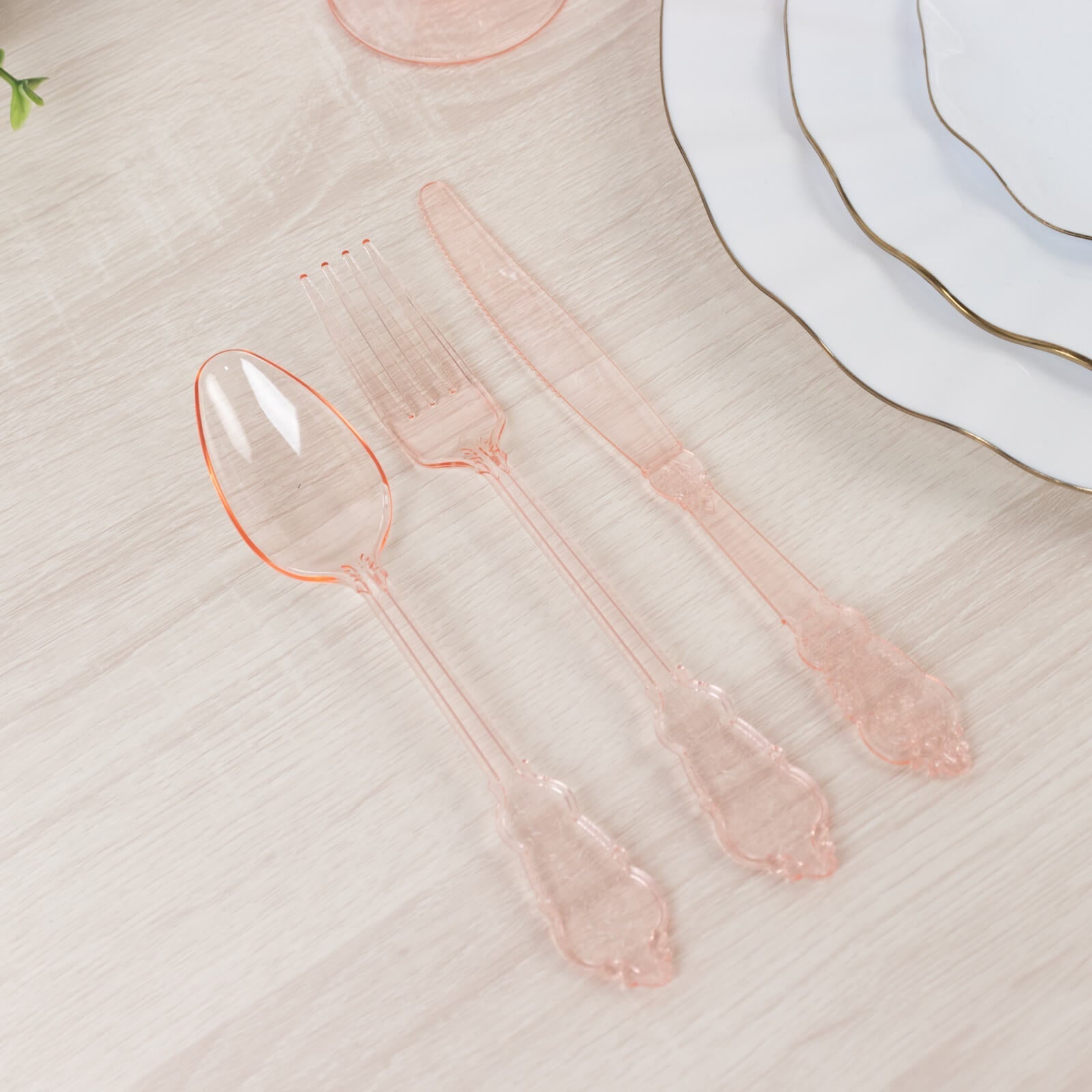 72 Pcs Plastic Silverware Set in Baroque Style Transparent Blush - Heavy Duty Disposable Knife, Fork, and Spoon Set