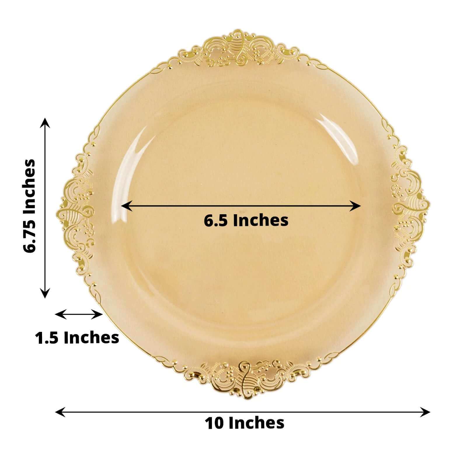 10-Pack Plastic 10" Round Dinner Plates in Transparent Amber Gold with Gold Leaf Embossed Rim - Disposable Vintage Baroque Style Plates