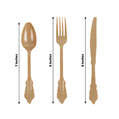 72 Pcs Plastic Silverware Set in Baroque Style Matte Gold - Heavy Duty Disposable Knife, Fork, and Spoon Set