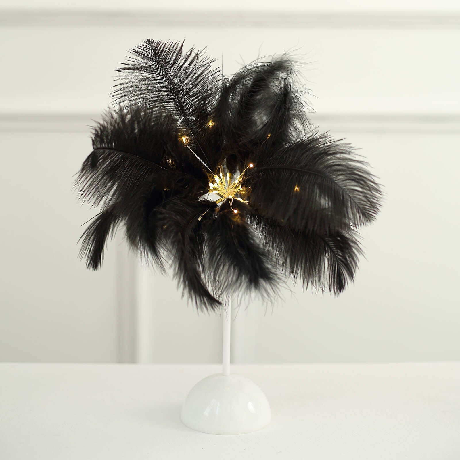 Table Lamp Ostrich Feather Design Black LED Battery Operated - Cordless Wedding Centerpiece 15"