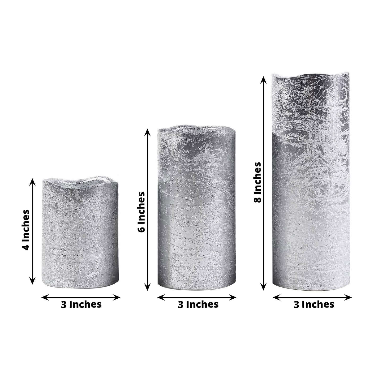 Set of 3 LED Flameless Pillar Candles Remote Operated Metallic Silver - Battery Powered 4", 6", 8"