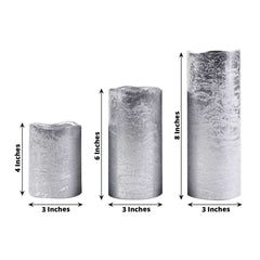 Set of 3 LED Flameless Pillar Candles Remote Operated Metallic Silver - Battery Powered 4", 6", 8"