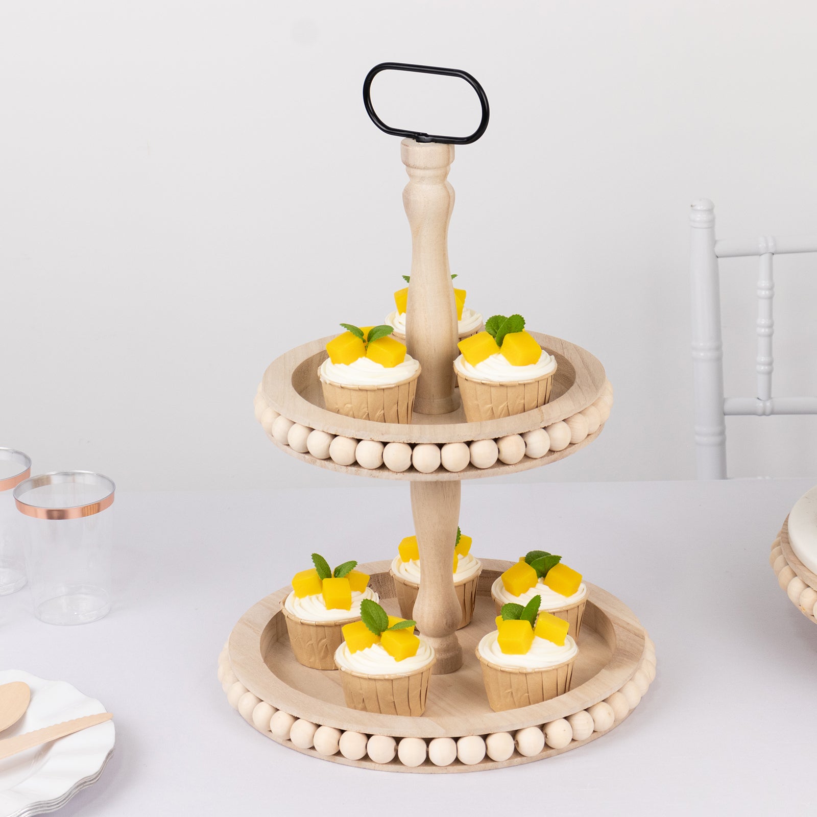 2-Tier Wooden Serving Tray Stand Beaded Design with Metal Handle Natural - Round Rustic Farmhouse Cupcake Display 17"
