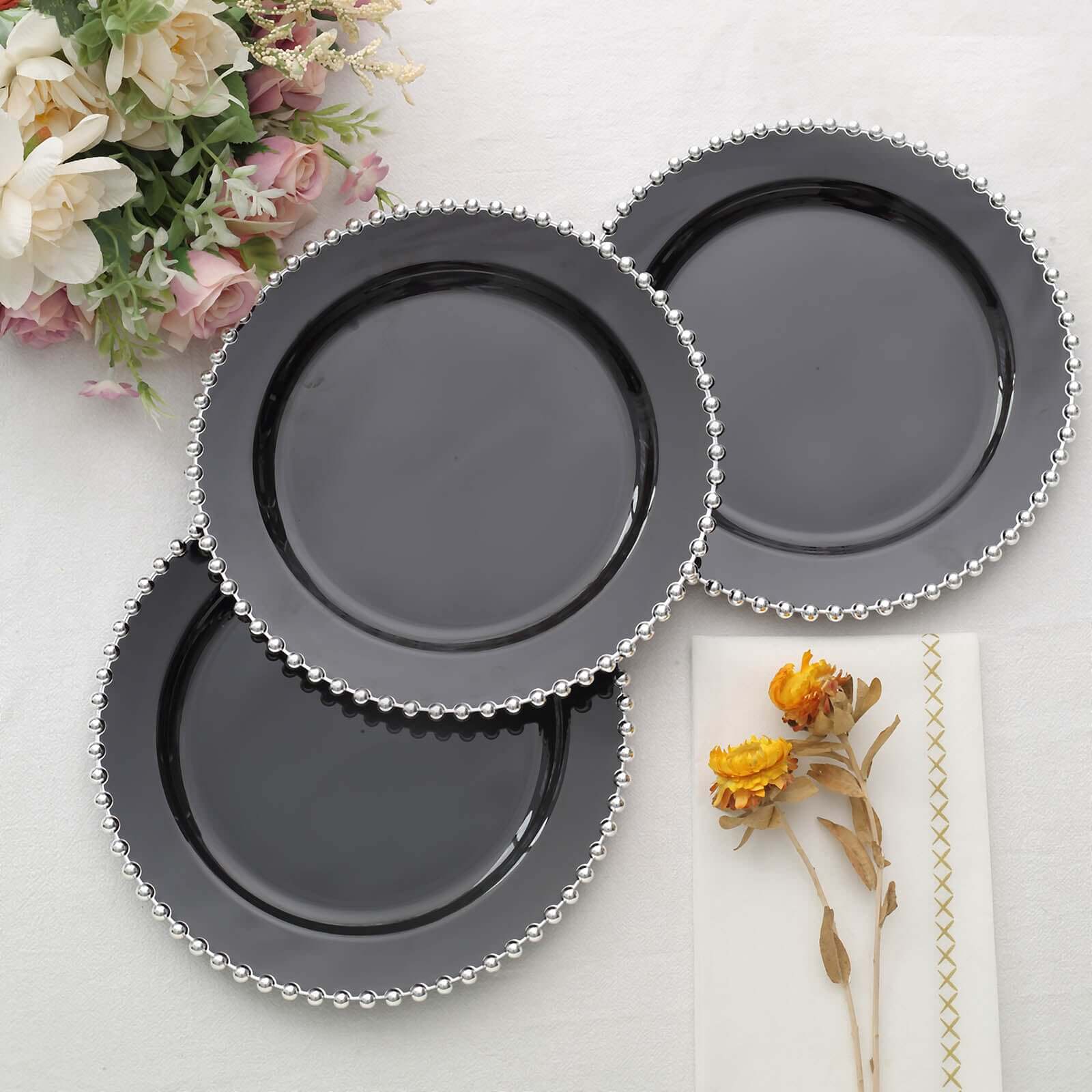 10-Pack Black Plastic Dessert Plates – 8" Round with Silver Beaded Rim, Disposable for Parties & Events