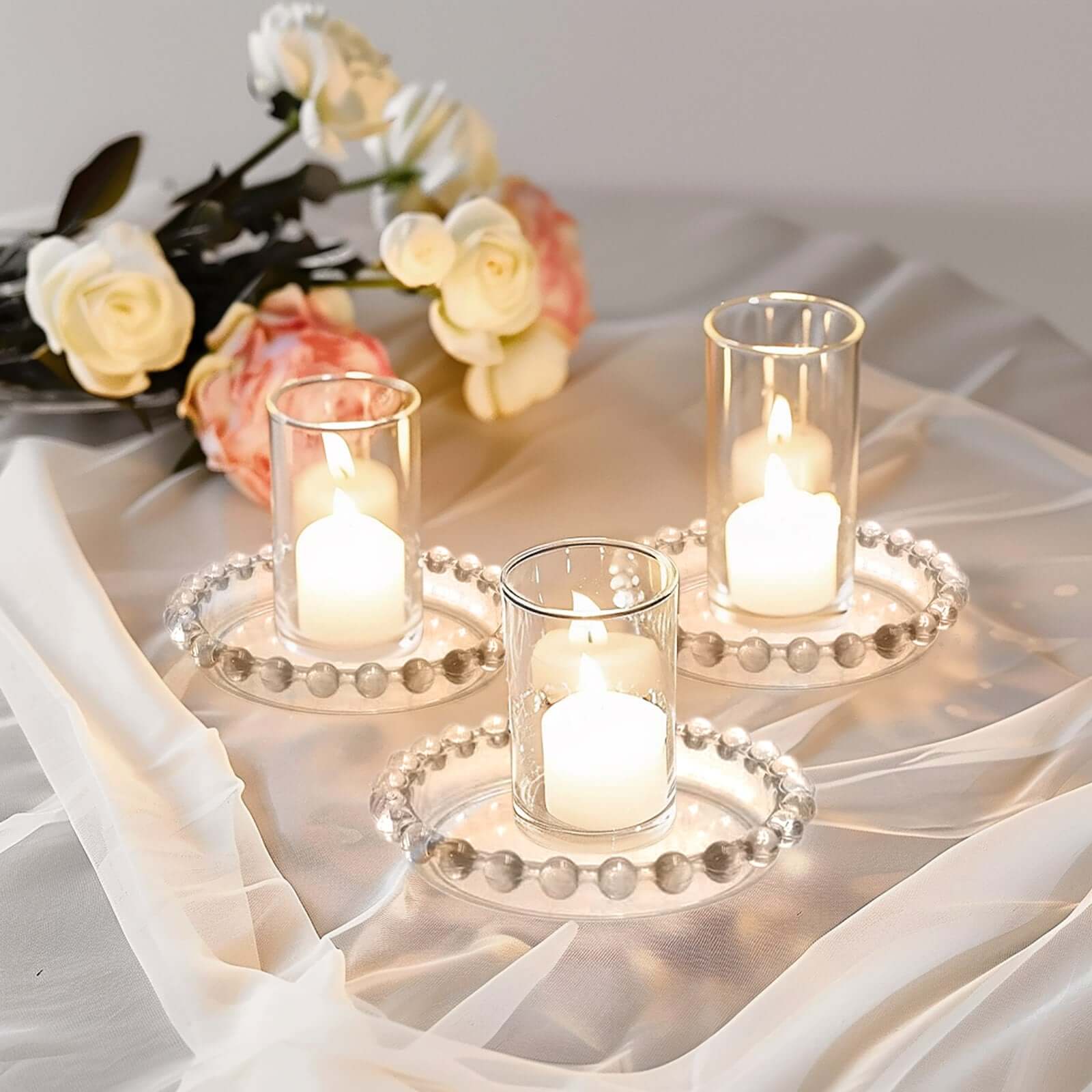 6-Pack Glass Pillar Candle Holder Plates Clear with Beaded Rims - Transparent Small Round Coaster Trays 4"