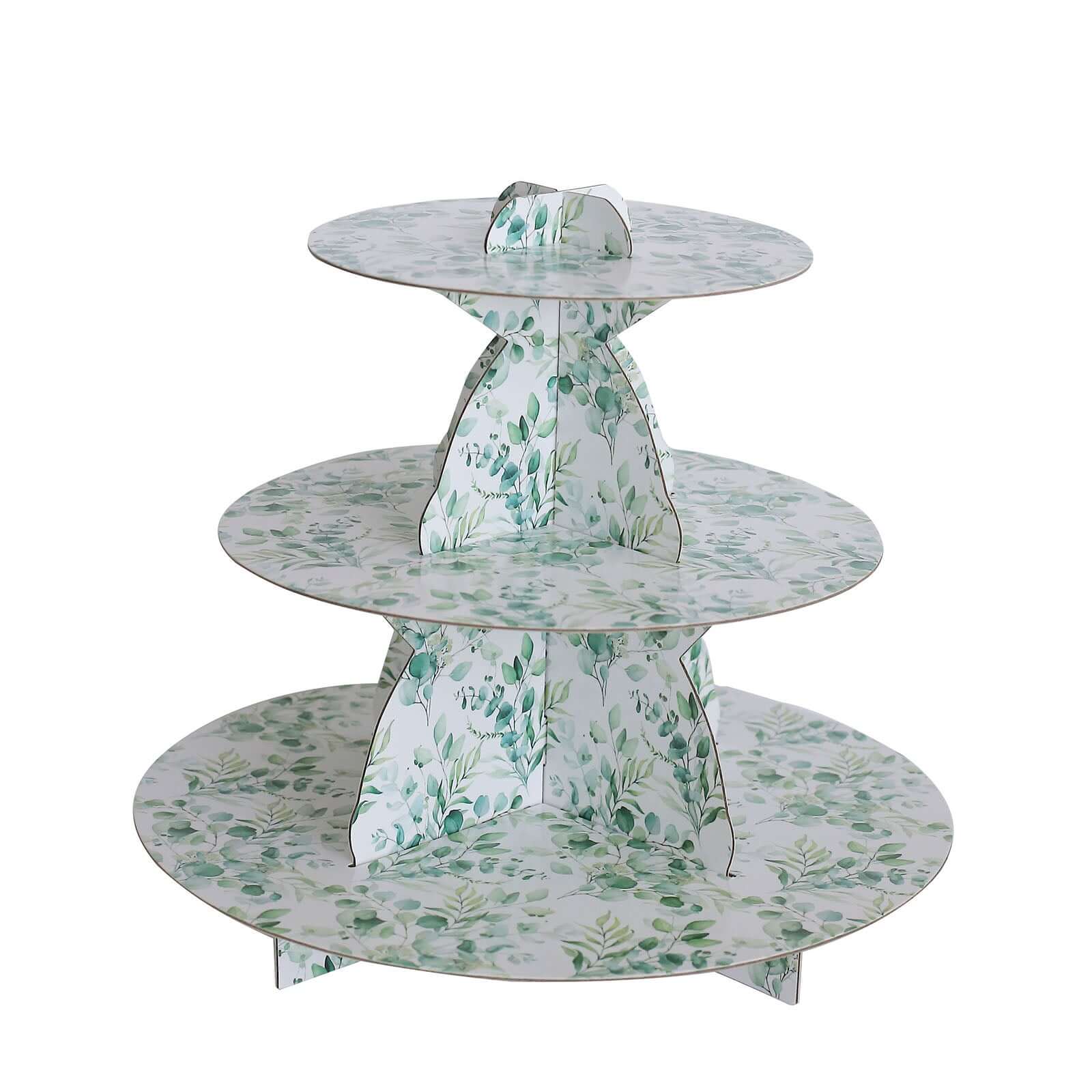3-Tier Cardboard Cupcake Stand White with Green Eucalyptus Leaves Pattern - Reusable Dessert Display Stand Round Serving Platter for High-Tea Gatherings Weddings & Spring Celebrations 11"