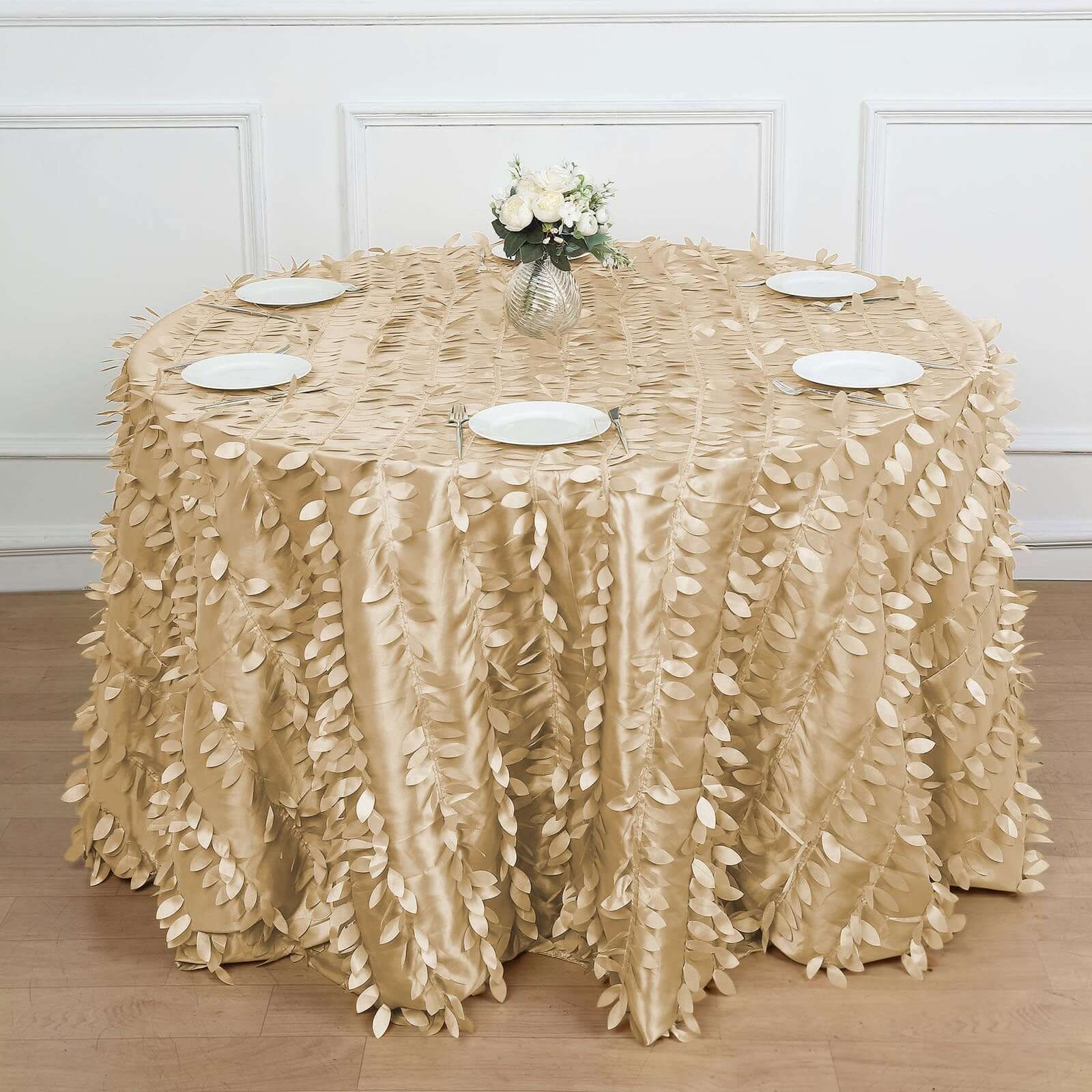 Taffeta 120" Round Tablecloth Champagne | 3D Leaf Petal Design Seamless Table Cover