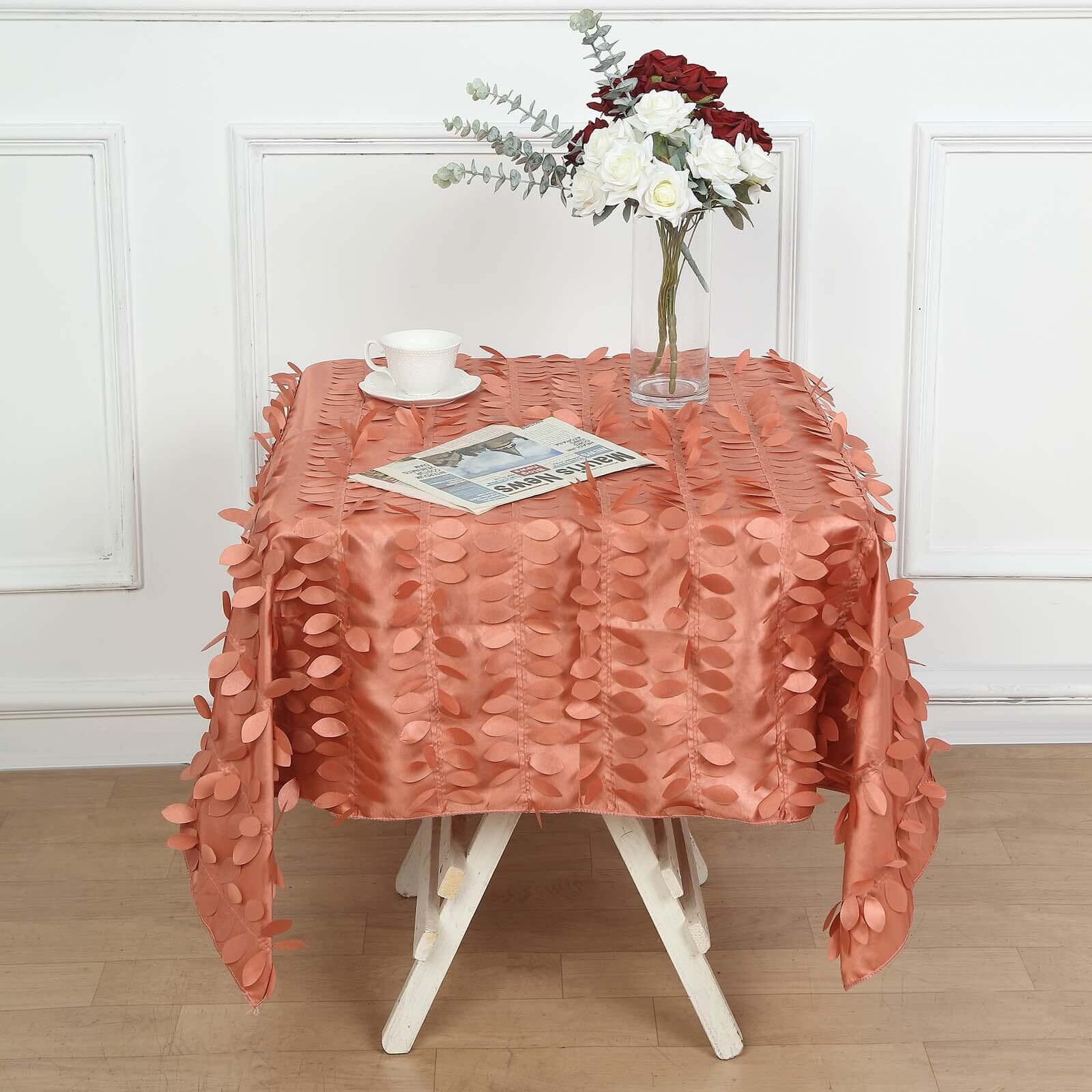 Taffeta 54"x54" Square Tablecloth Terracotta (Rust) 3D Leaf Petal Table Cover