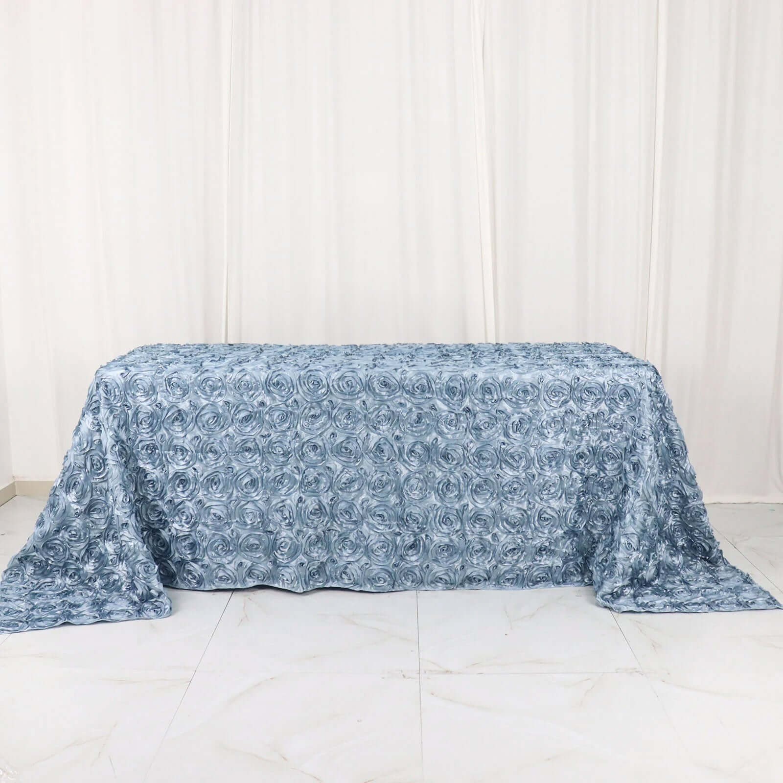 Satin 90"x132" Rectangle Tablecloth Dusty Blue - Grandiose 3D Rosette Seamless Table Cover