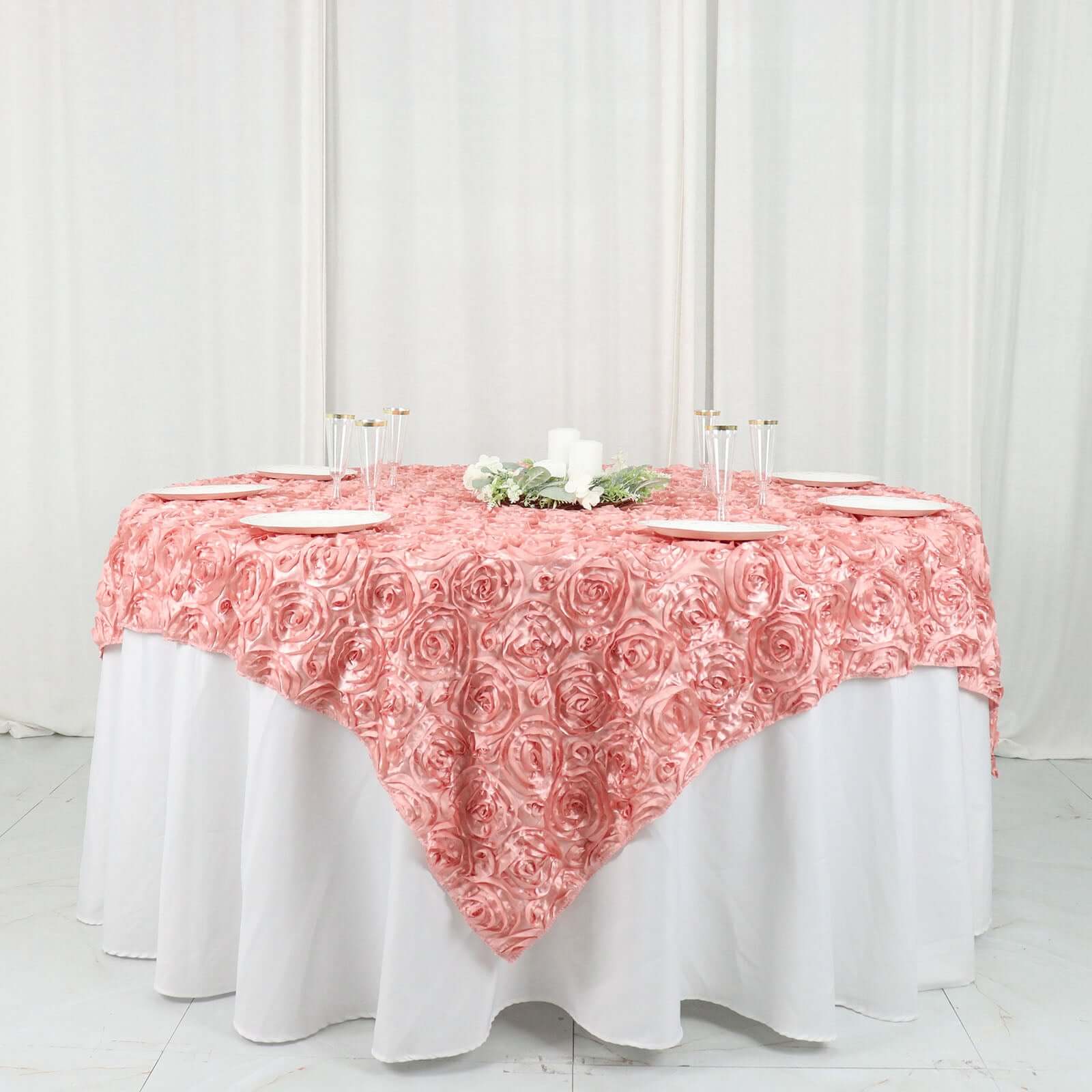 Satin 72"x72" Table Overlay Square Tablecloth Dust Rose - 3D Rosette Table Cover