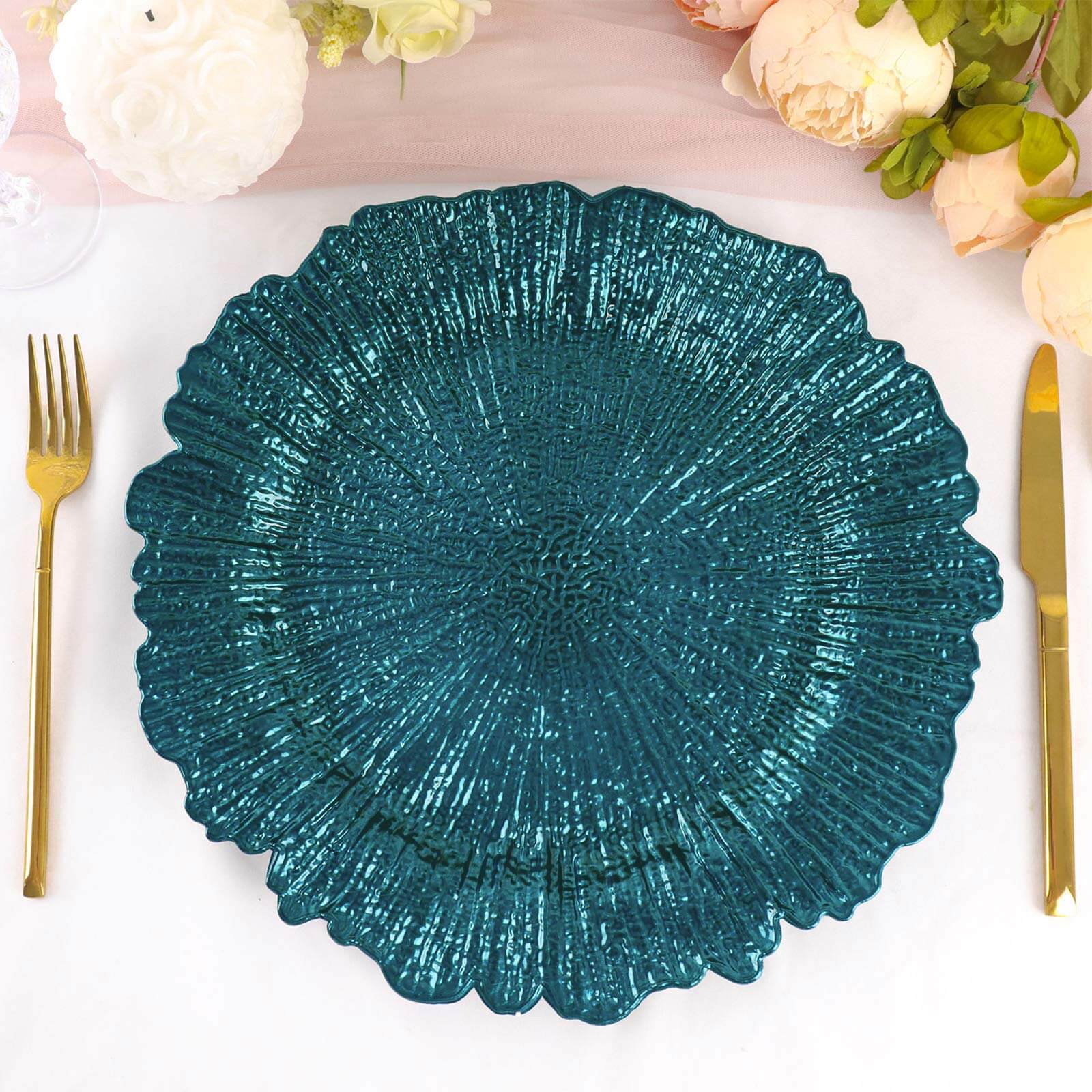 6-Pack Acrylic Plastic Round Charger Plates 13" in Peacock Teal with Reef Design, Dinner Charger Tableware