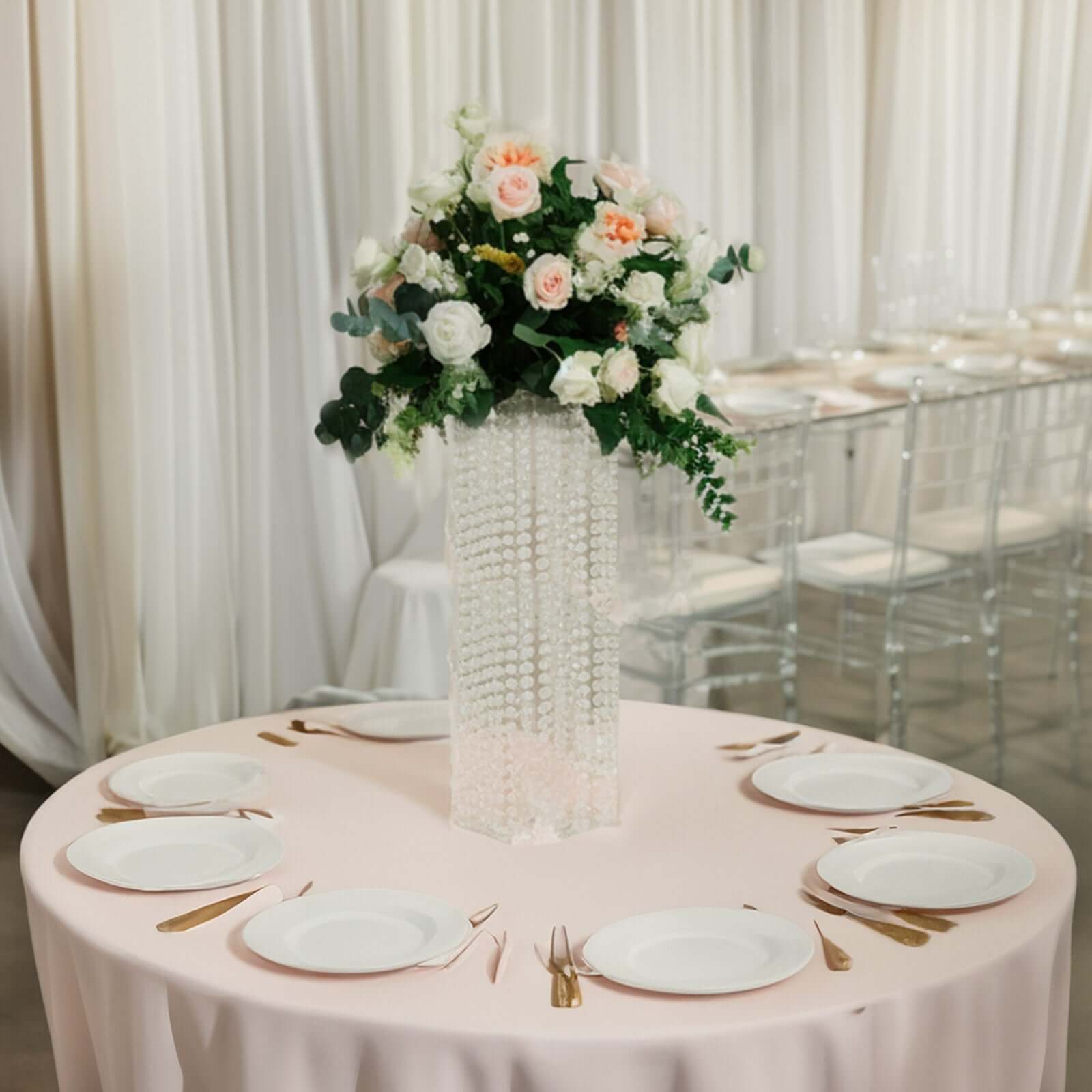 Acrylic Flower Pedestal Vase Pillar Stand with Crystal Beads Clear - Durable Wedding Table Centerpiece 24"