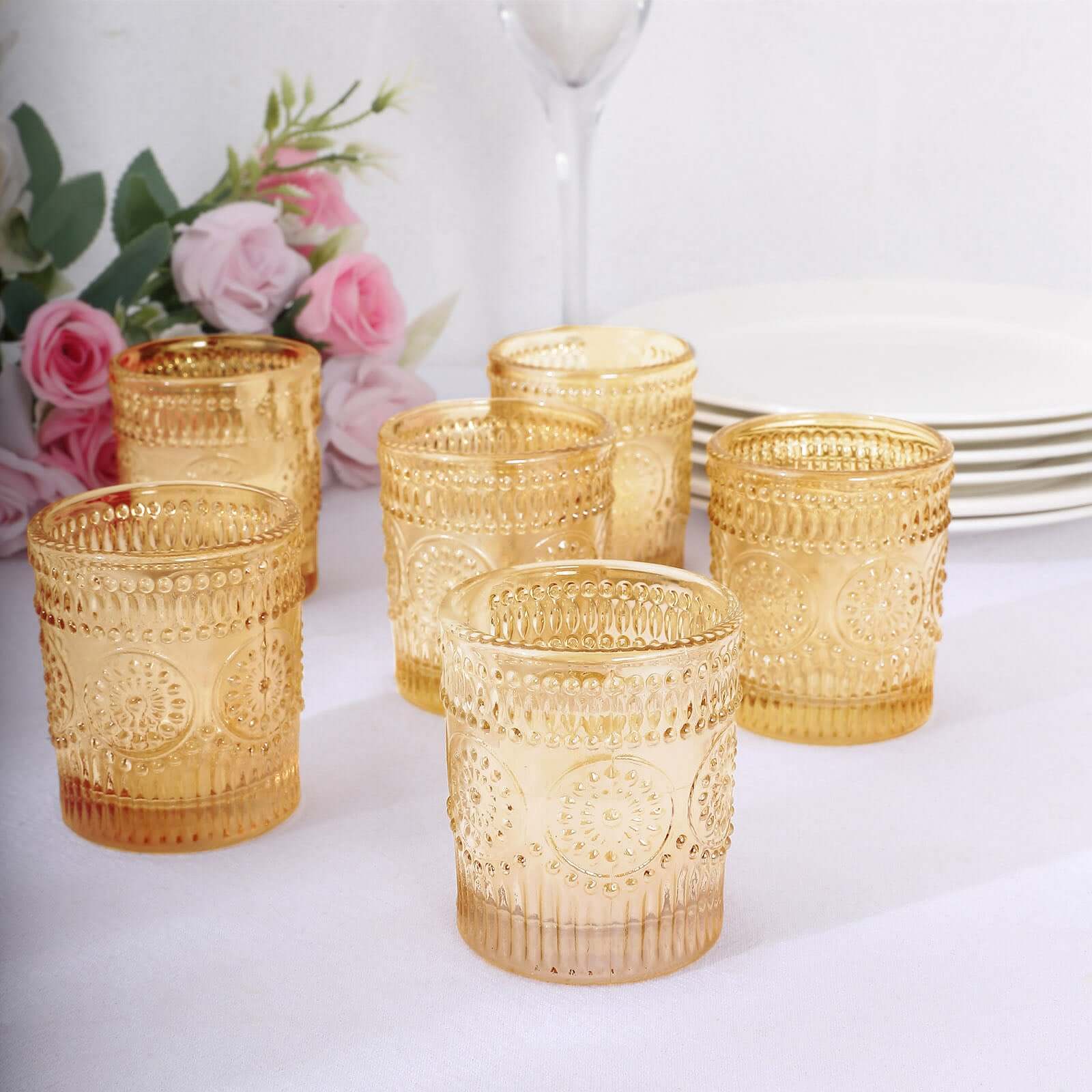 6-Pack Amber Gold Glass Votive Tealight Holders - Stylish Primrose Design for Weddings & Décor