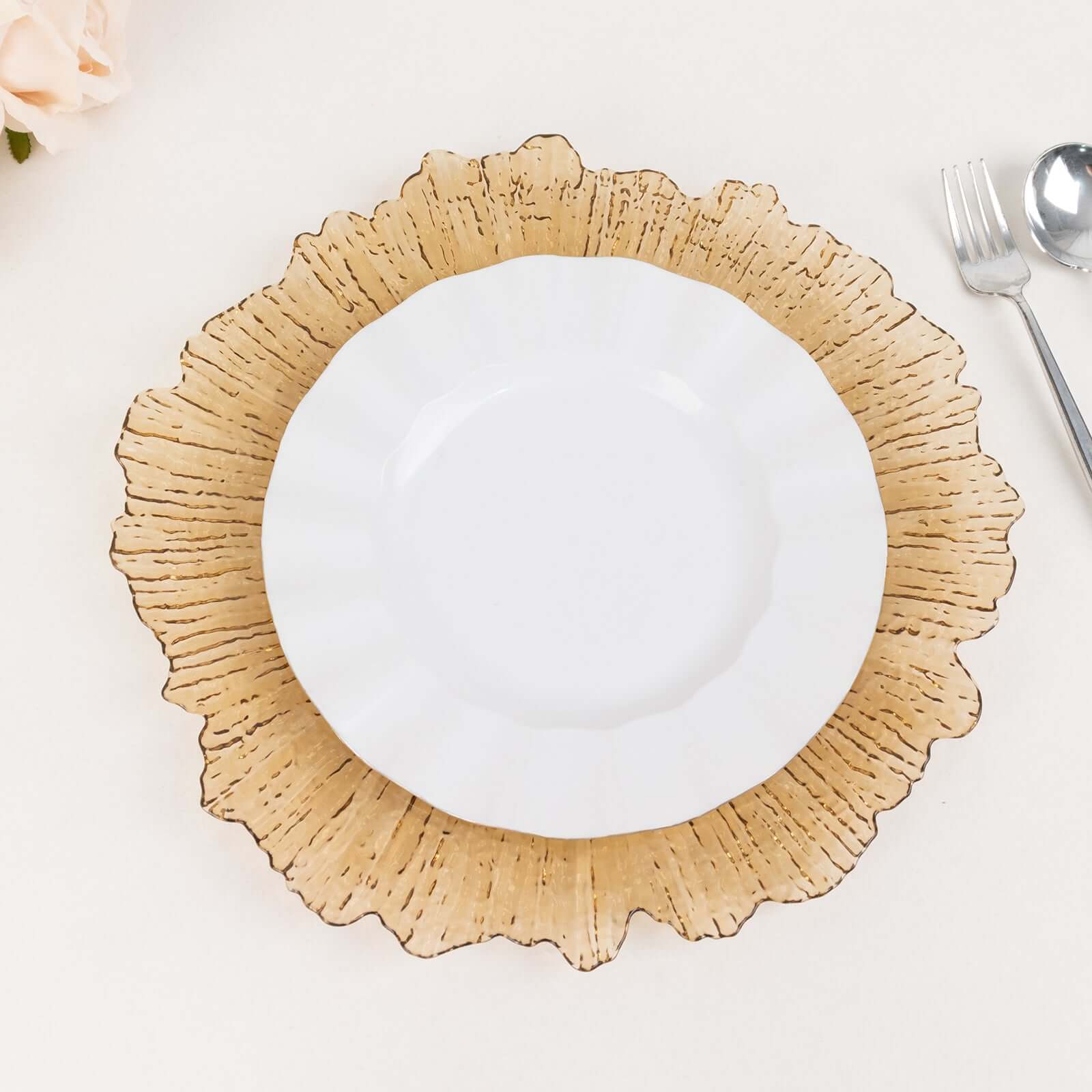 6-Pack Acrylic Plastic Round Charger Plates 13" in Amber Gold with Reef Design, Dinner Charger Tableware