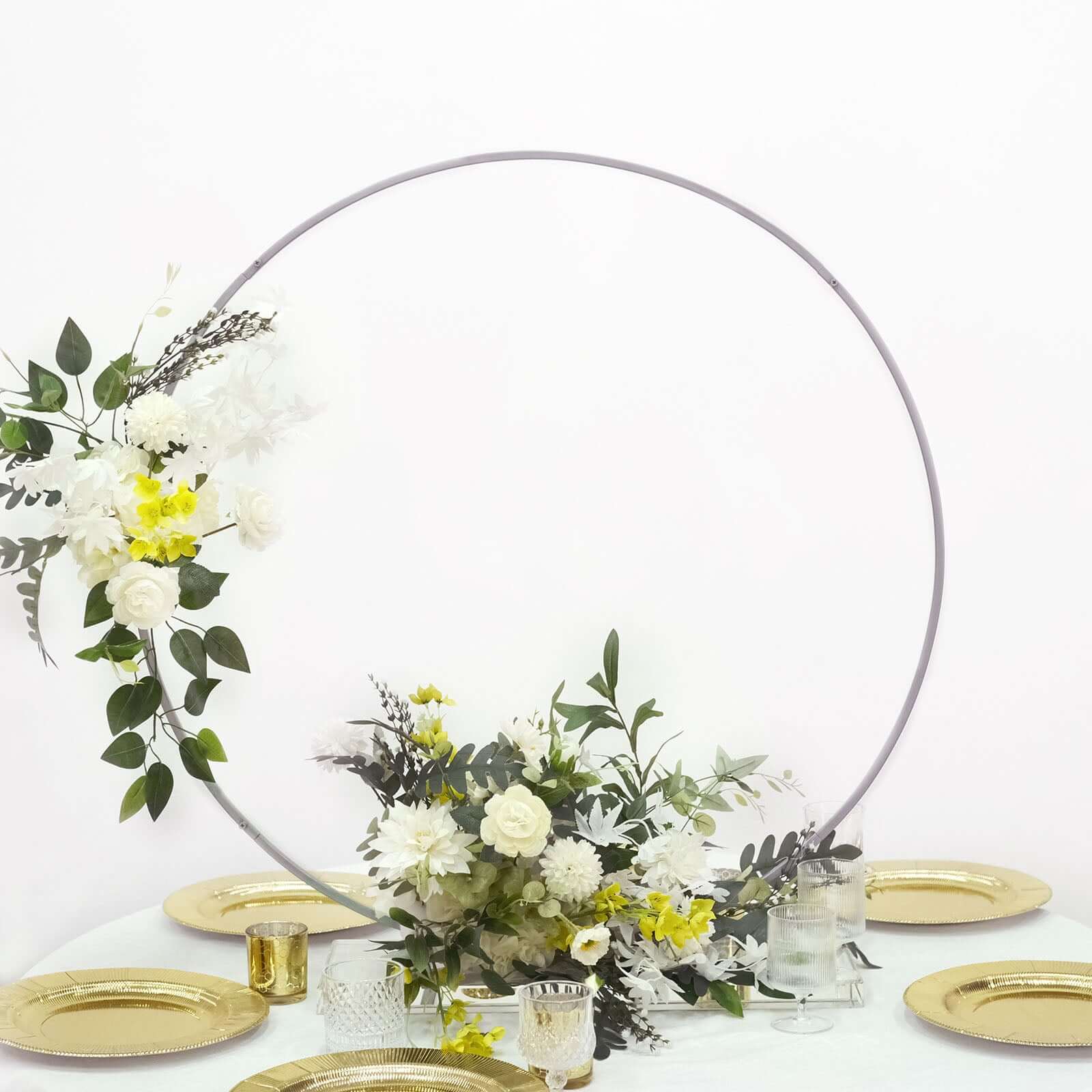 Round Wedding Hoop Table Centerpiece Metal Silver - Self-Standing Floral Wreath Frame for Events 36"