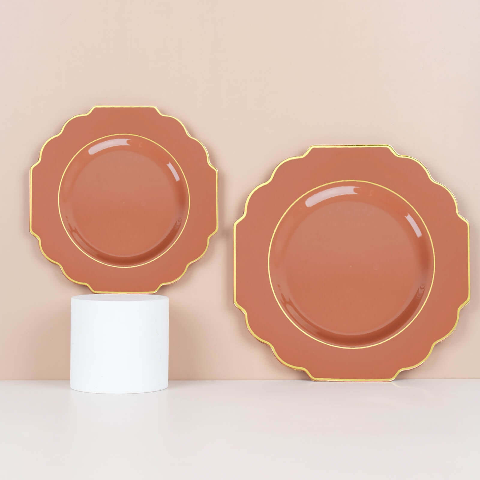 10-Pack Plastic Dinner Plates in Terracotta (Rust) Baroque Design with Scalloped Gold Rim - Heavy Duty Disposable Party Plates 11"