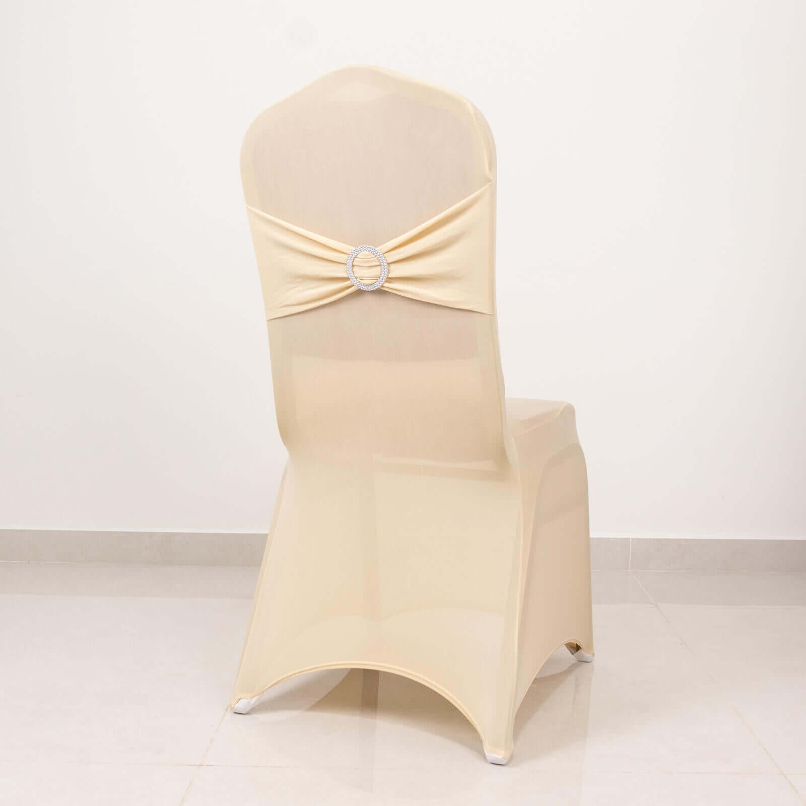 Spandex Chair Cover with Silver Rhinestone Buckled Sash Band Beige - Stretch Fitted Slipcover