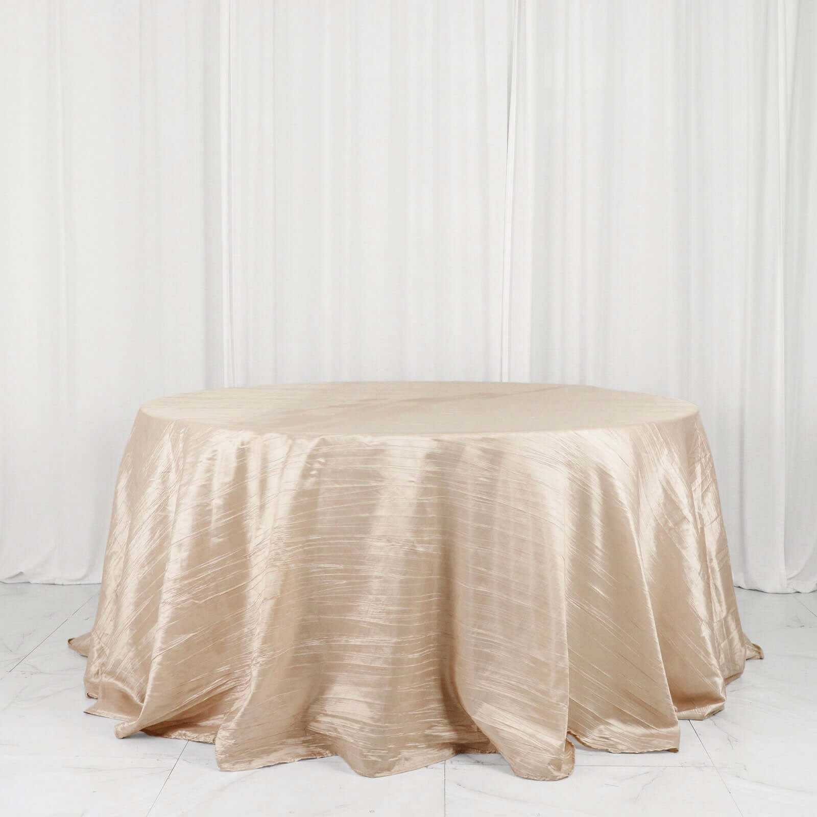 Taffeta 132" Round Tablecloth Beige - Seamless Accordion Crinkle Table Cover