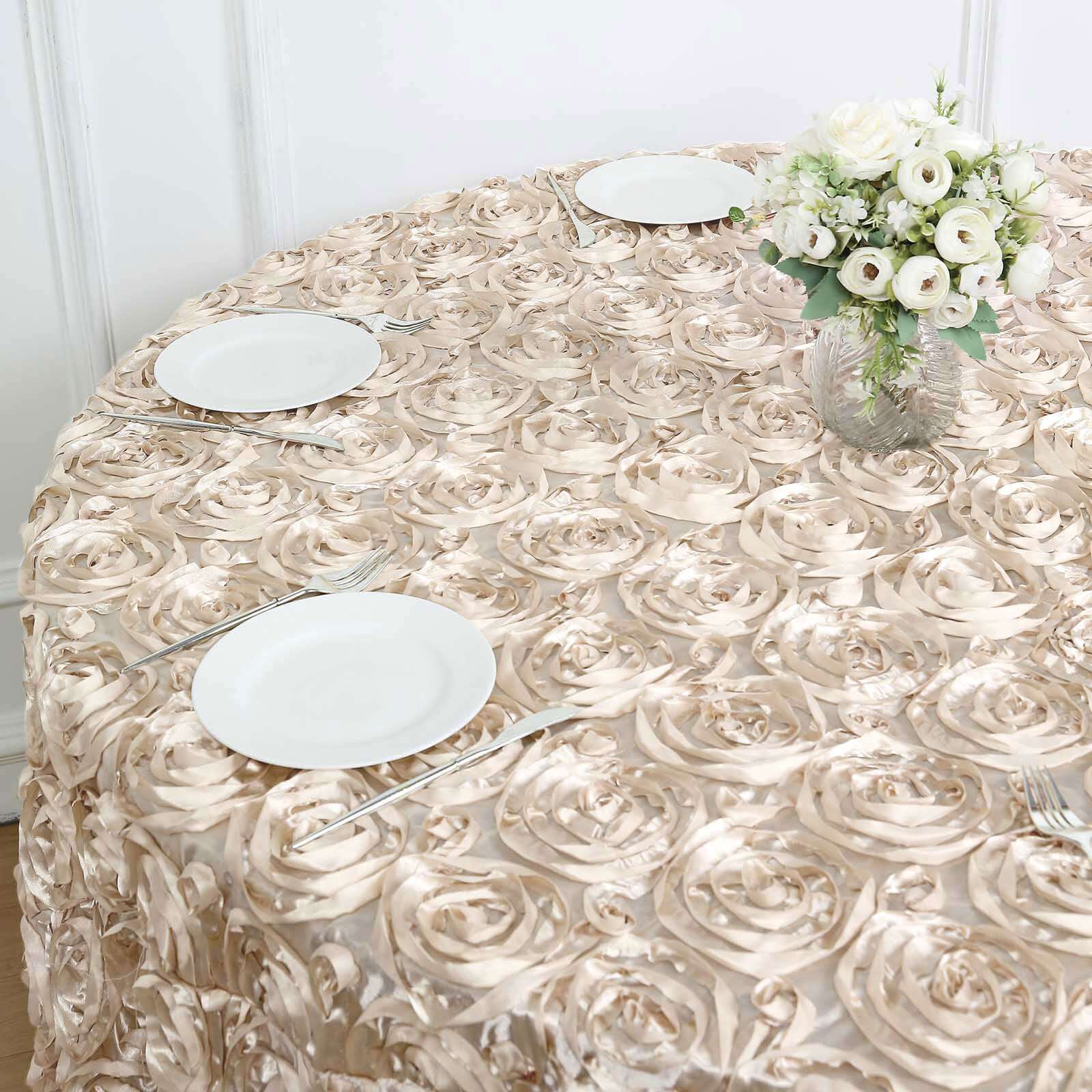 Satin 120" Round Tablecloth Beige - Grandiose 3D Rosette with Seamless Finish Table Cover