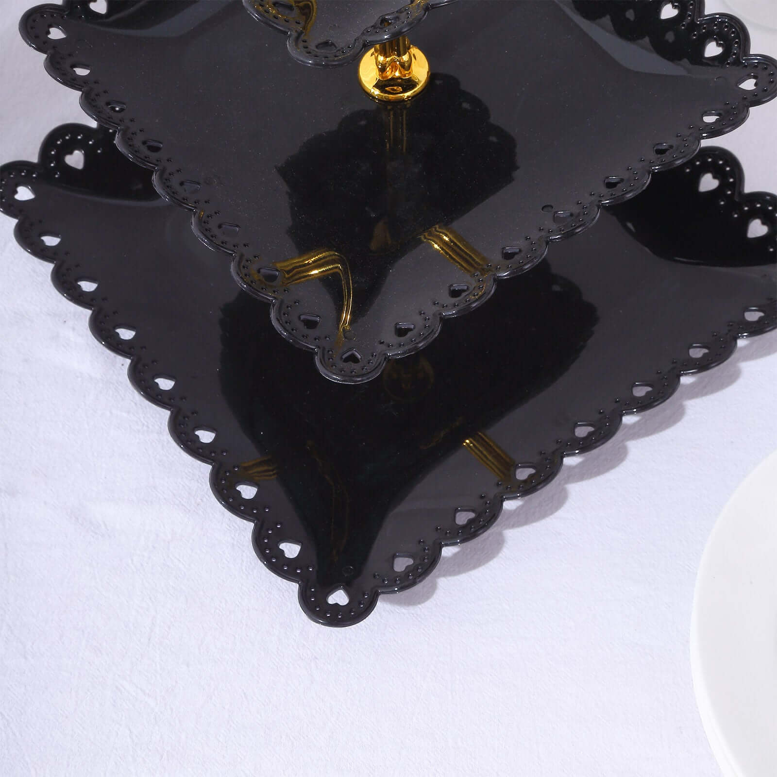 3-Tier Plastic Square Cupcake Stand Tower Black - Charming Disposable Dessert Display Serving Tray Platter with Heart Wavy Edge & Gold Top Handle for Tea Parties Weddings & Special Occasions 13"