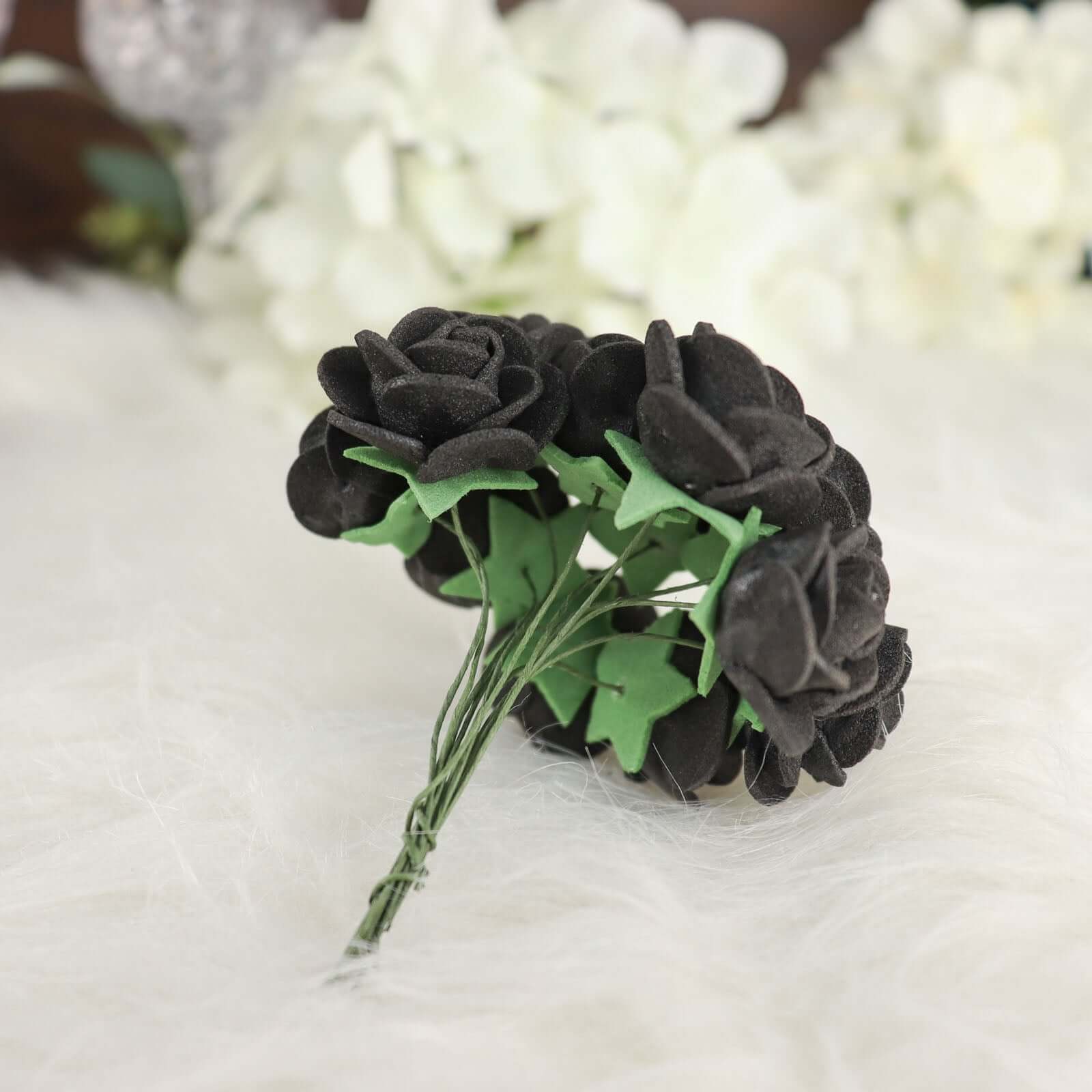 48 Roses 1" Black Real Touch Artificial DIY Foam Rose Flowers With Stem, Craft Rose Buds