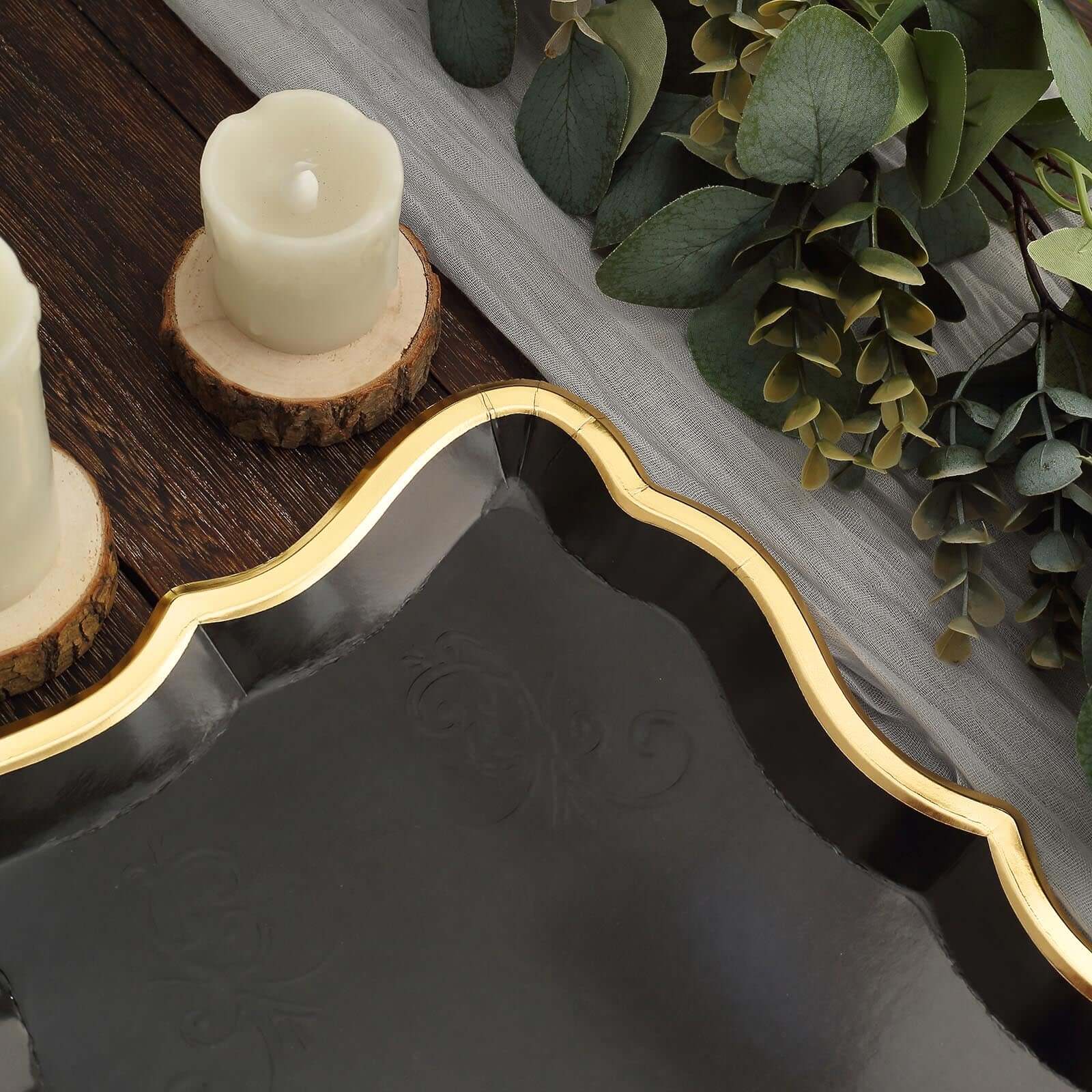 10-Pack Paper 14"x10" Rectangle Serving Trays Black - Heavy Duty Disposable 400GSM Cardboard Party Platters with Exquisite Gold Rim for Weddings & Parties