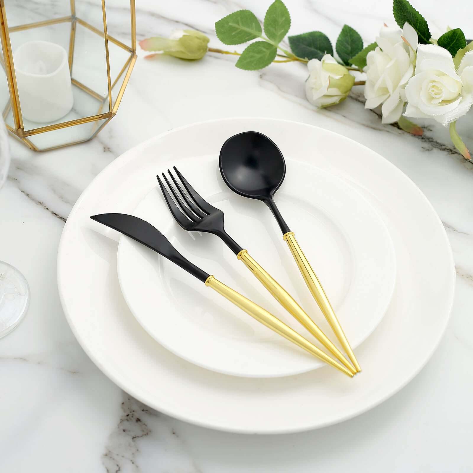 24-Pack Plastic Flatware Set in Black with Gold Handle - Heavy Duty Disposable Modern Silverware 8"