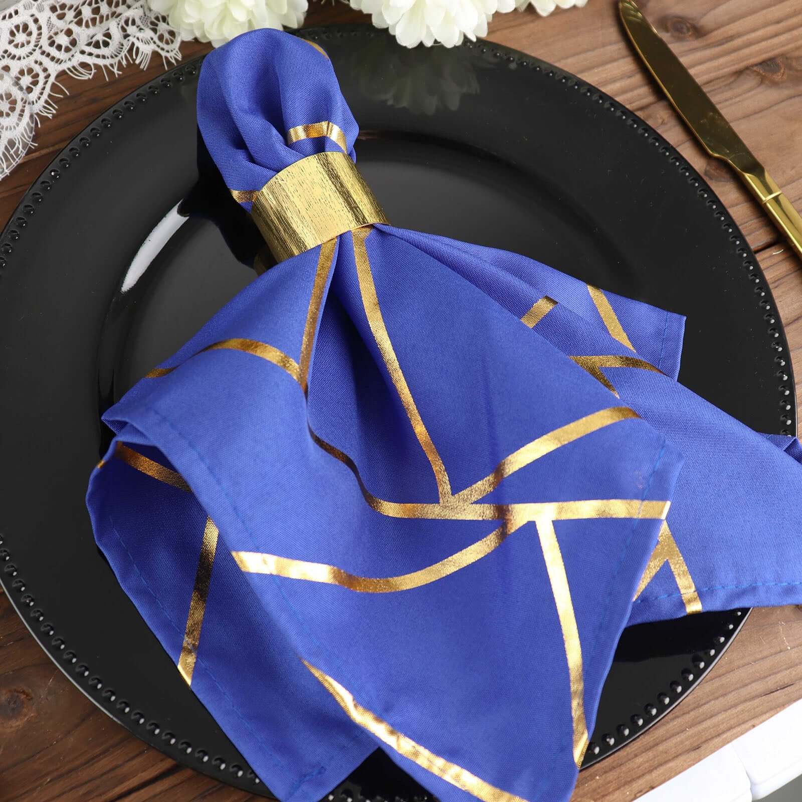 5 Pack Polyester 20"x20" Napkins Royal Blue with Gold Geometric Foil Pattern - Modern Reusable Dinner Napkins