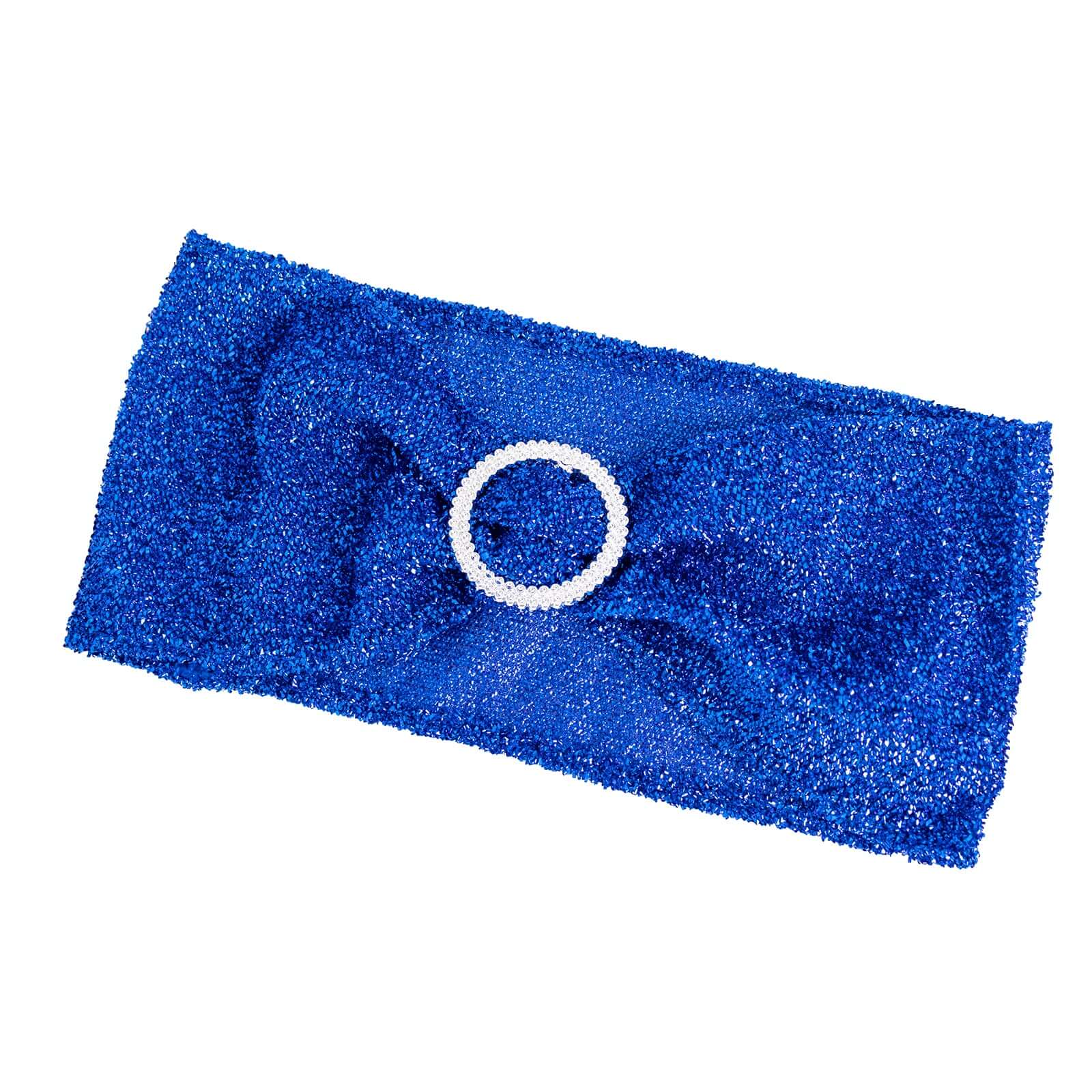 5 Pack Chair Sashes Shimmer Tinsel Spandex 5"x12" with Silver Rhinestone Buckles Royal Blue - Stylish Chair Bands