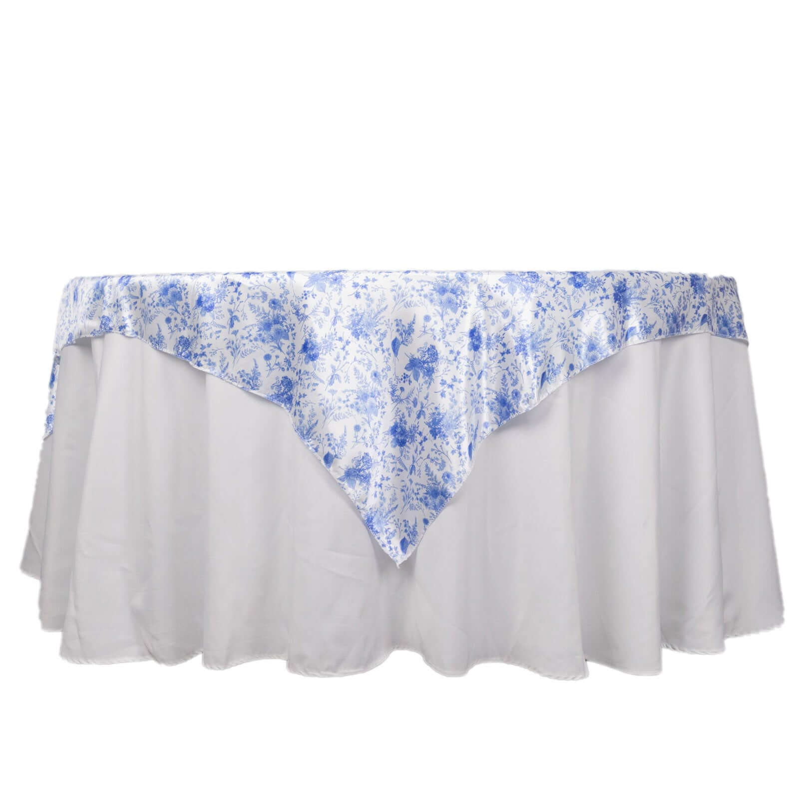 Satin 72"x72" Table Overlay Square Tablecloth White Blue - French Toile Floral Design for Stylish Celebrations