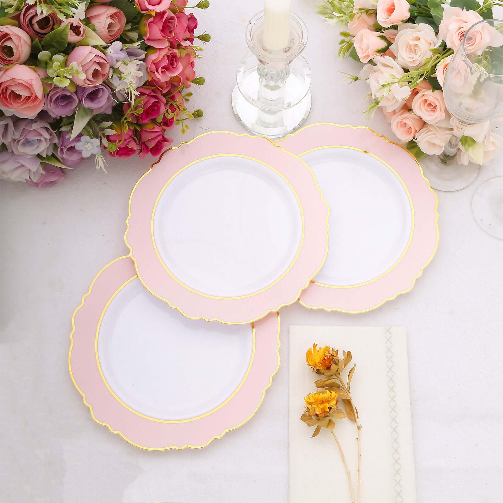 10-Pack Plastic 8" Round Dessert Plates in White with Blush Blossom Design & Gold Edging - Disposable Salad Appetizer Plates