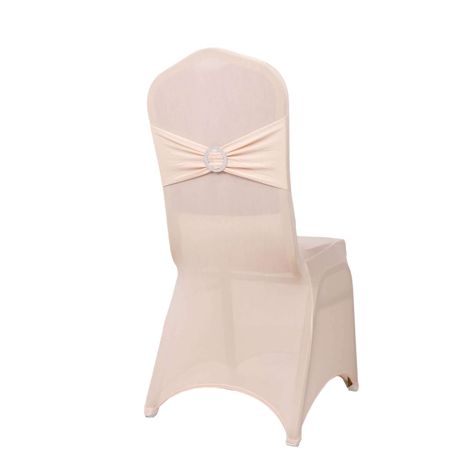 Spandex Chair Cover with Silver Rhinestone Buckled Sash Band Blush - Stretch Fitted Slipcover
