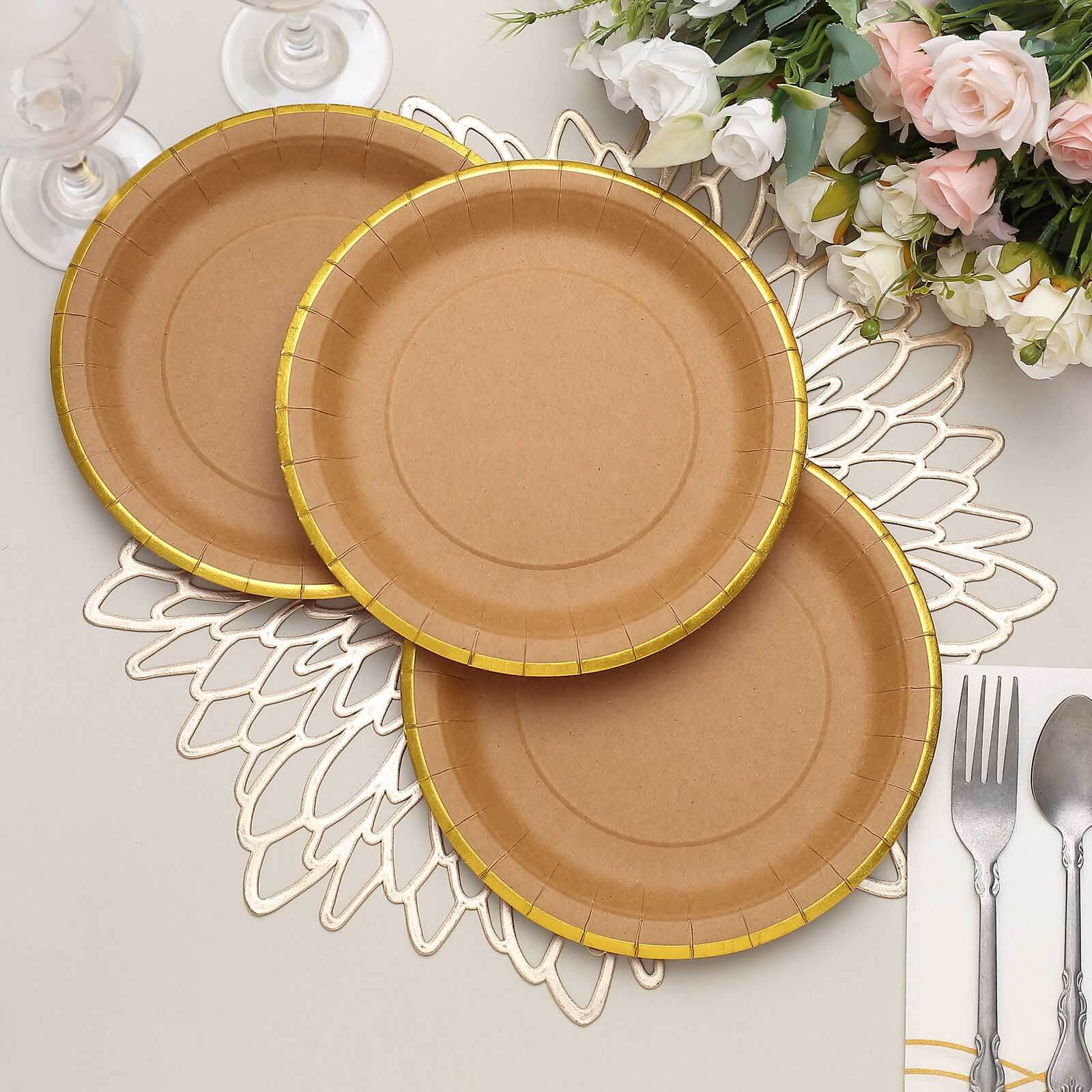 25-Pack Kraft Paper 8" Round Dessert Plates in Natural Brown with Gold Lined Rim - Disposable Salad Appetizer Plates for Rustic & Vintage Inspired Events
