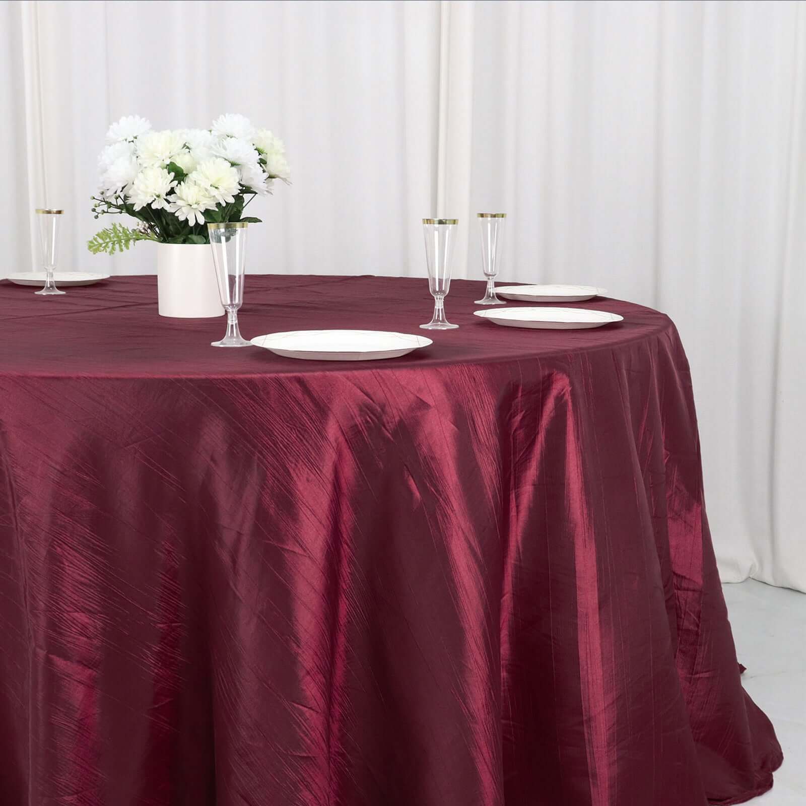 Taffeta 132" Round Tablecloth Burgundy - Seamless Accordion Crinkle Table Cover